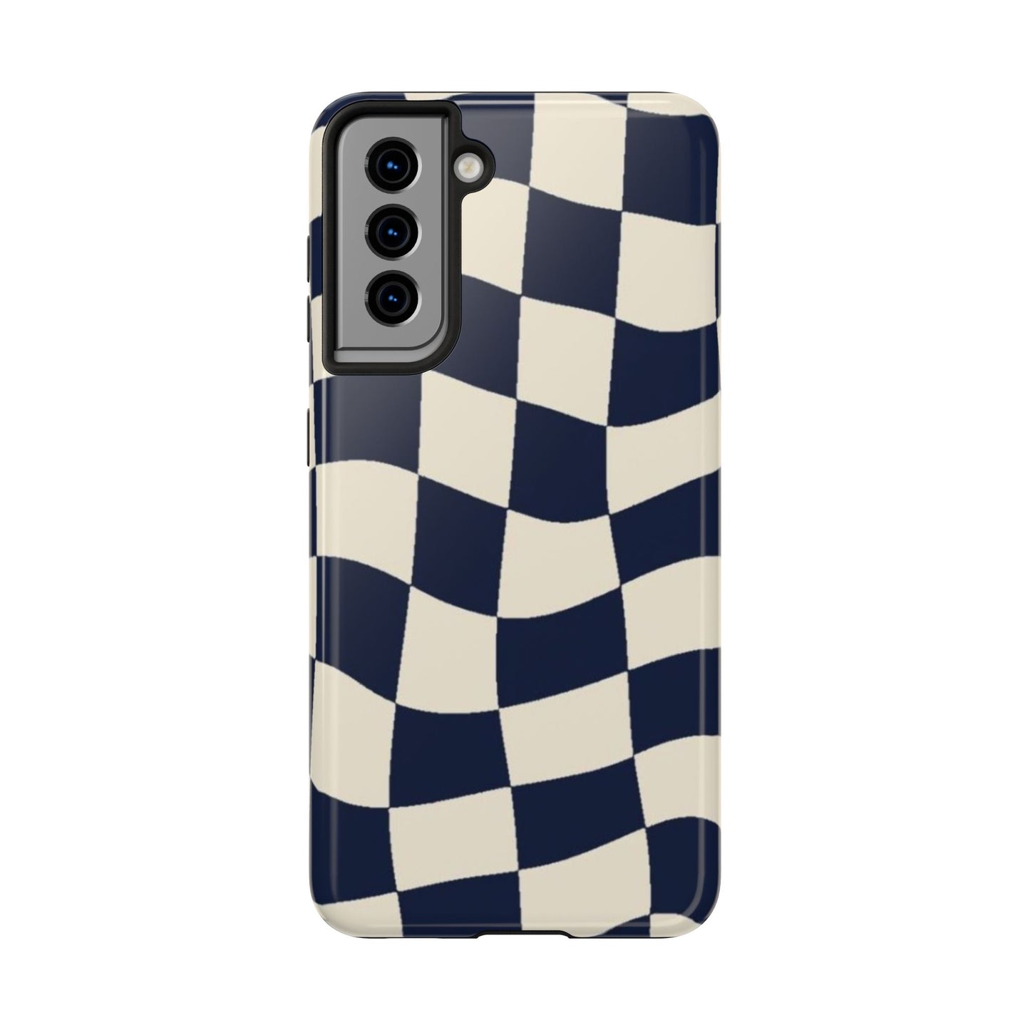 Wavy Checkerboard Tough Phone Case — Navy & Cream Protective Cover