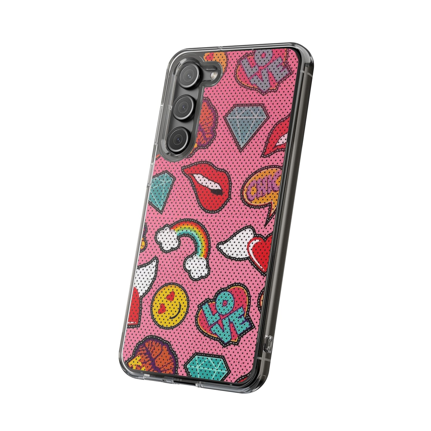 Clear Impact-Resistant Phone Case — Pink Pop Sticker Pattern (Hearts, Rainbows, Smileys)