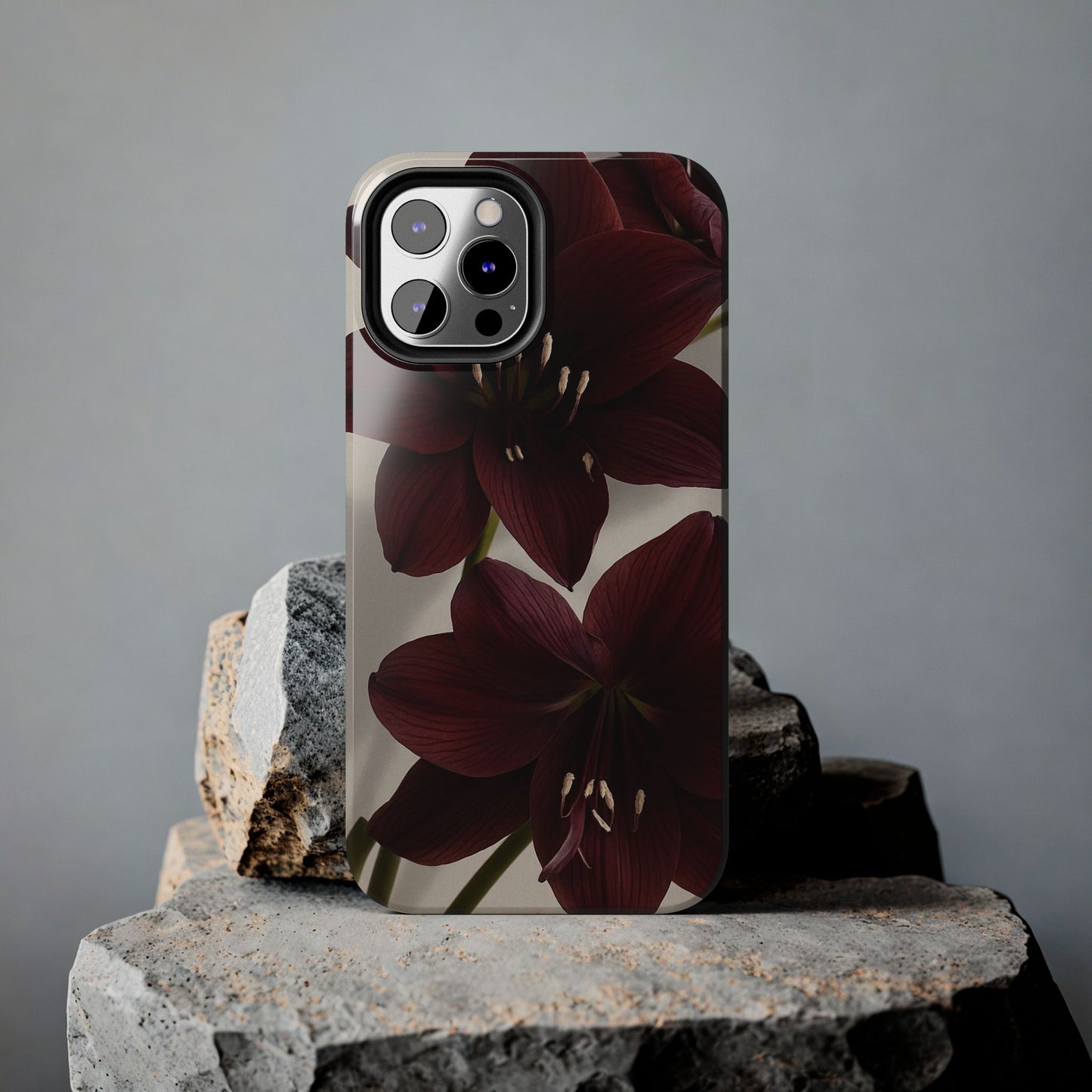 Amaryllis Noir Tough Phone Case — Dark Burgundy Floral Protective Cover