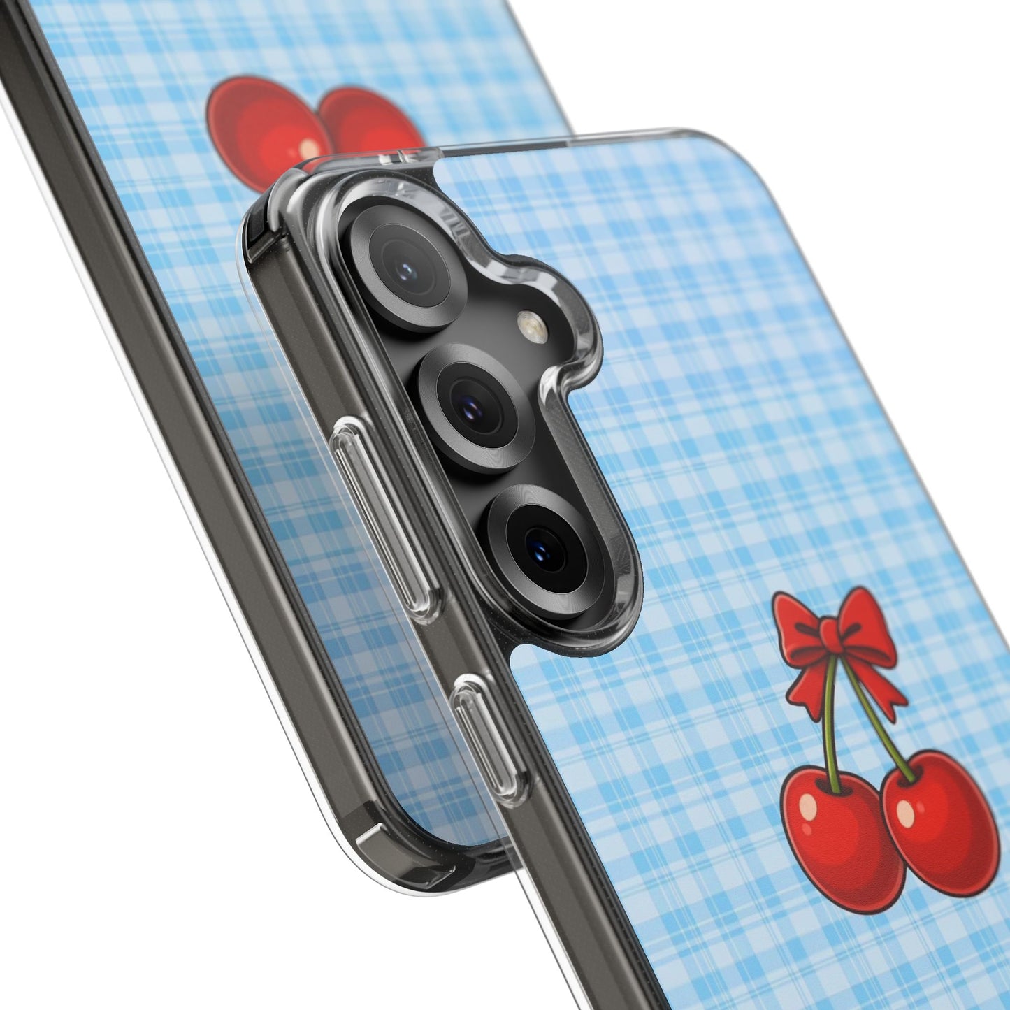 Clear Cherry Gingham Phone Case — Impact-Resistant Clear Case with Red Cherry Design