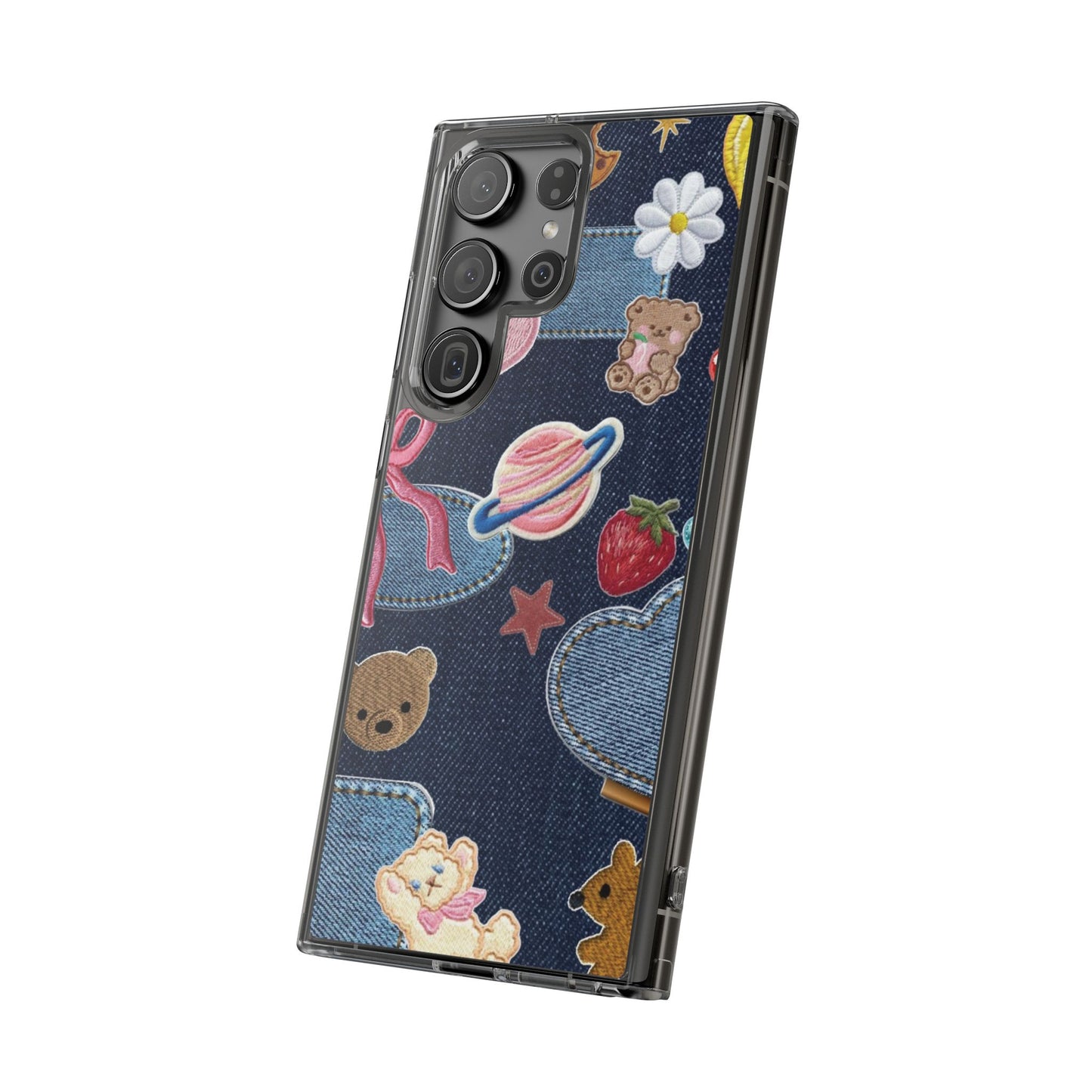 Clear Impact-Resistant Phone Case — Cute Denim Patch Collage (Teddy, Strawberry, Planet)