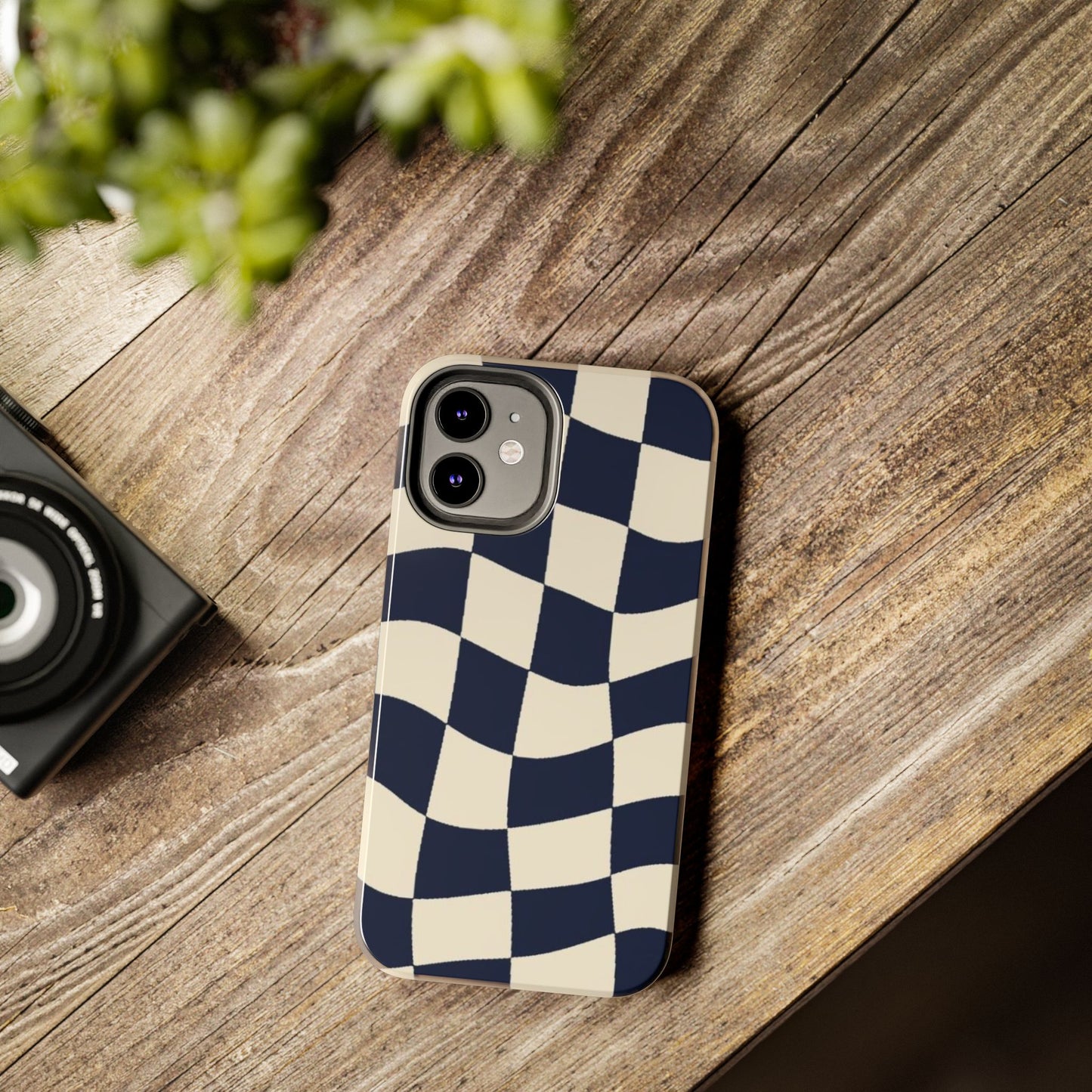 Wavy Checkerboard Tough Phone Case — Navy & Cream Protective Cover