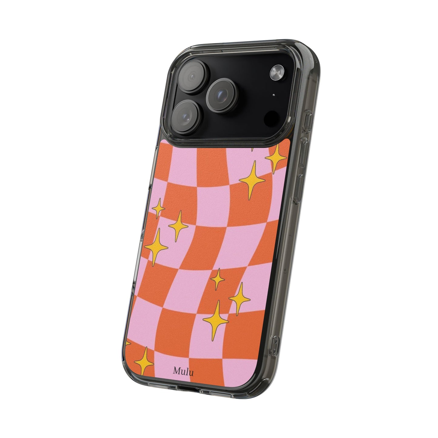Clear Impact-Resistant Case — Retro Pink & Orange Checker with Sparkle Stars