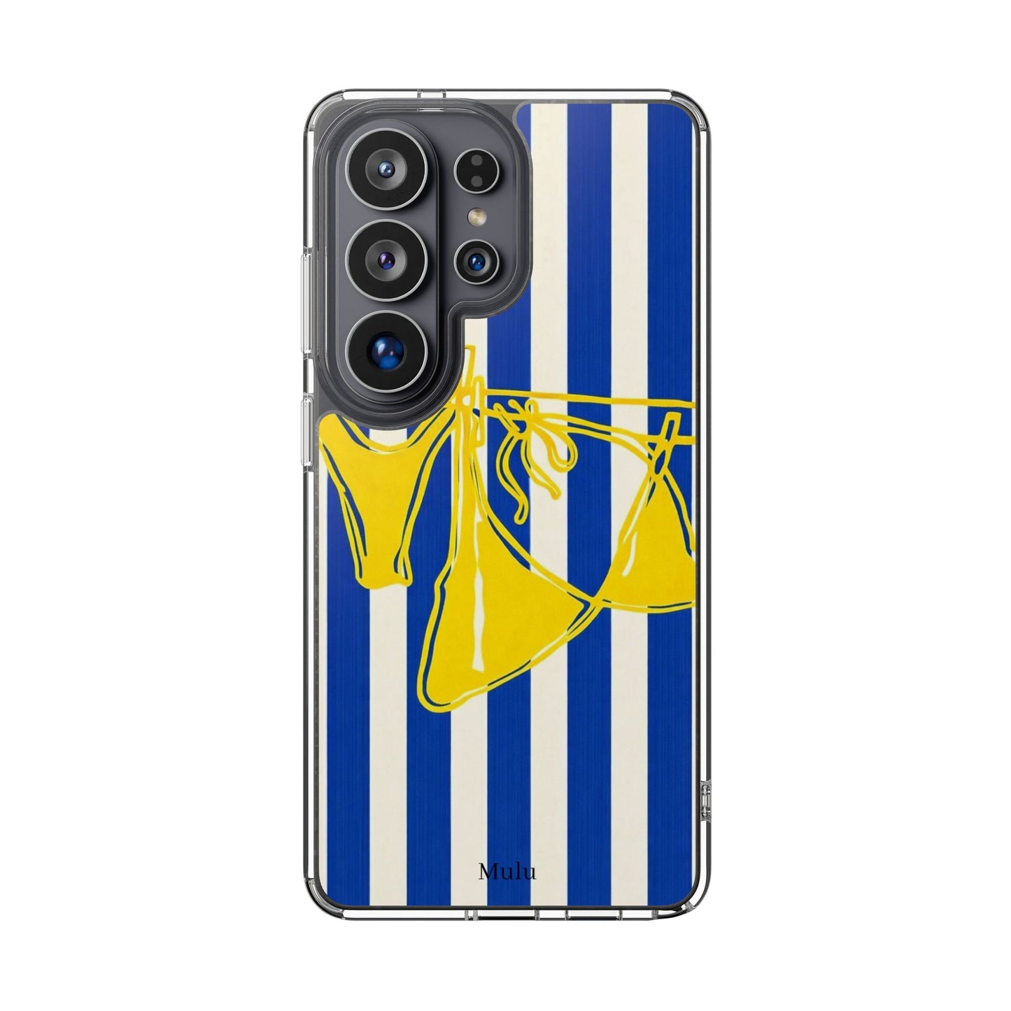 Striped Beach Bikini Phone Case — Yellow Swimwear on Blue & White Stripes, Clear Impact-Resistant