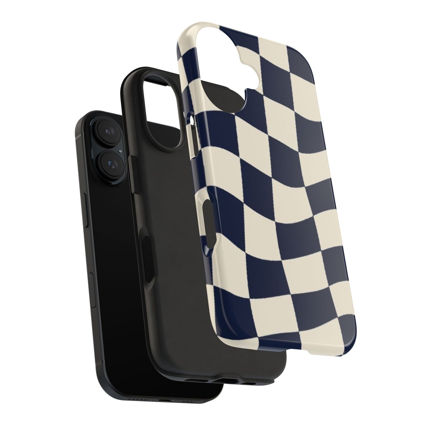Wavy Checkerboard Tough Phone Case — Navy & Cream Protective Cover