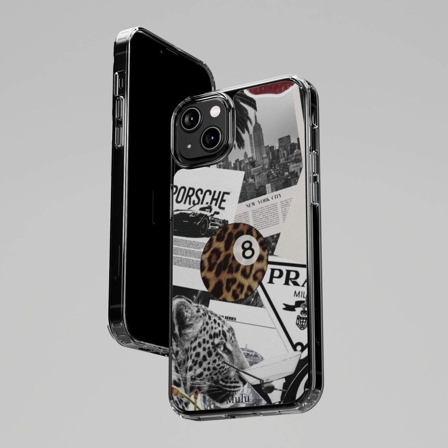 Clear Impact-Resistant Phone Case — Collage Luxury Leopard & Vintage Car Design