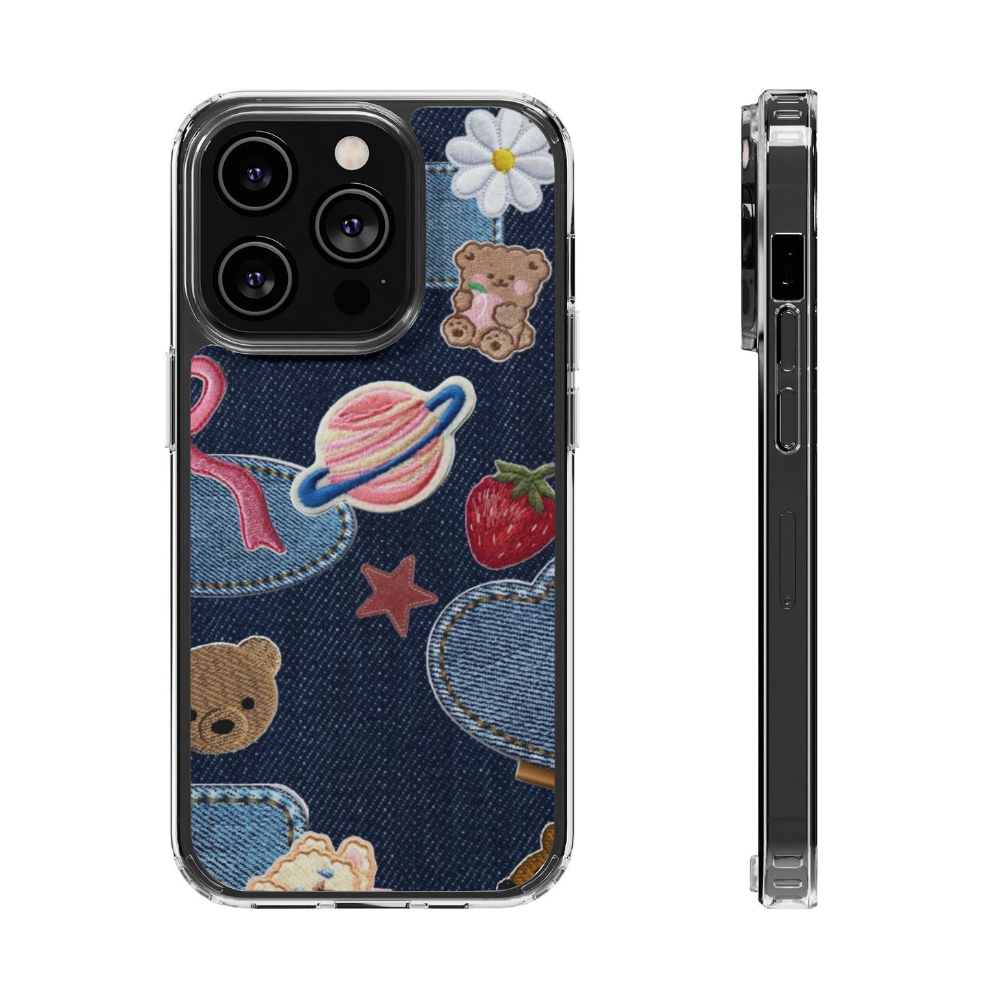 Clear Impact-Resistant Phone Case — Cute Denim Patch Collage (Teddy, Strawberry, Planet)