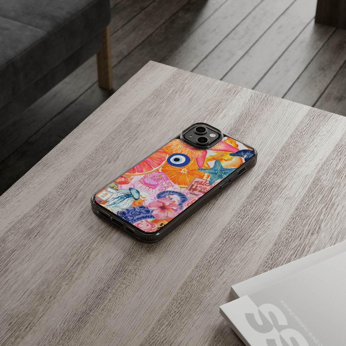 Clear Impact-Resistant Phone Case — Colorful Tropical Collage Design