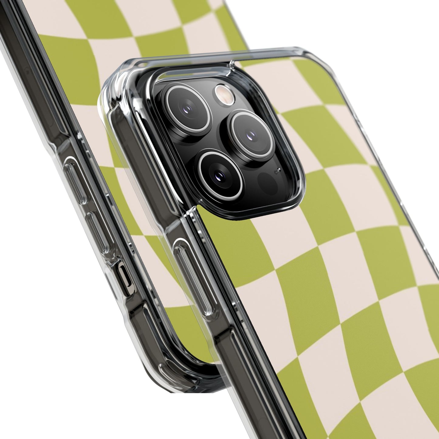 Clear Magnetic Phone Case — Olive Retro Check Pattern