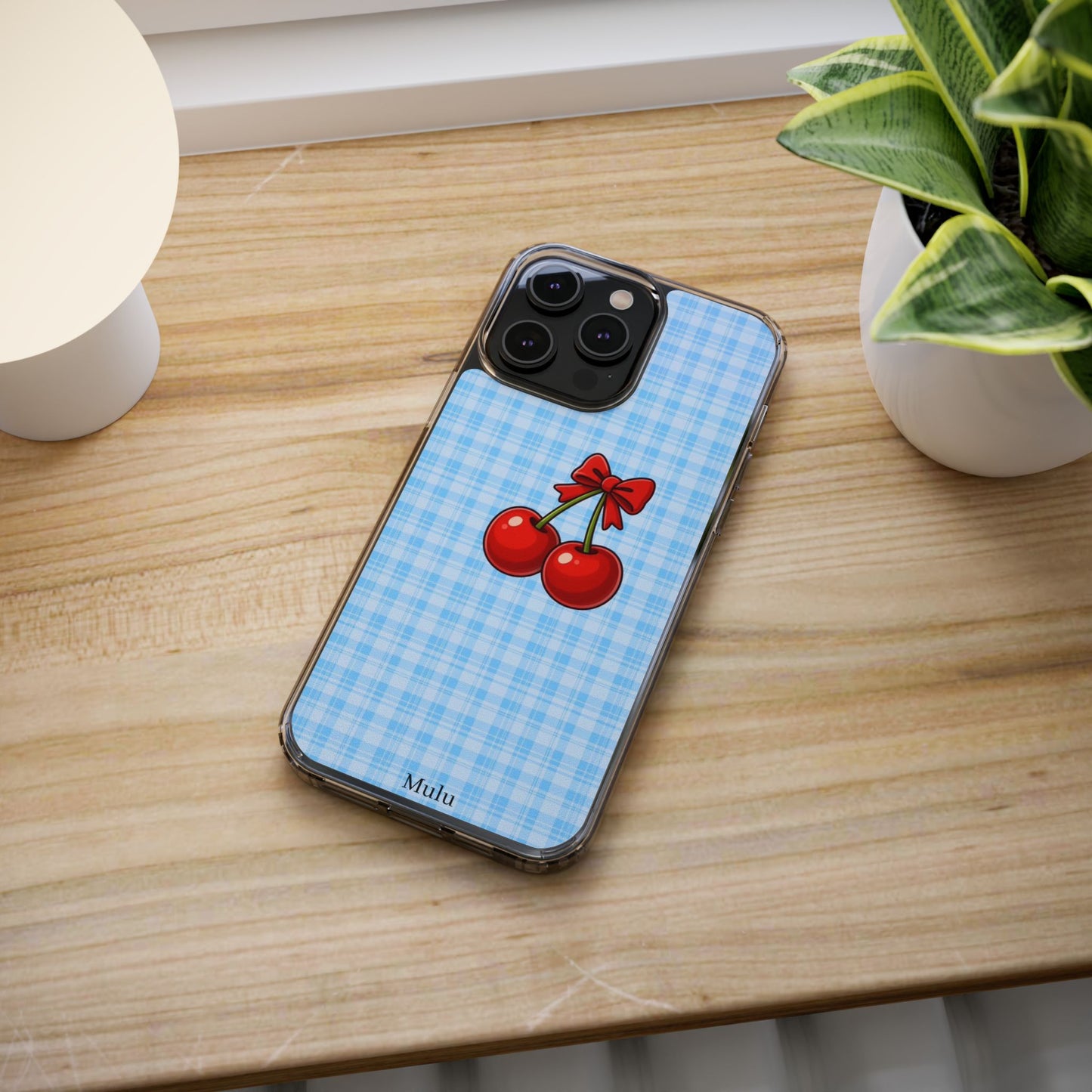 Clear Cherry Gingham Phone Case — Impact-Resistant Clear Case with Red Cherry Design