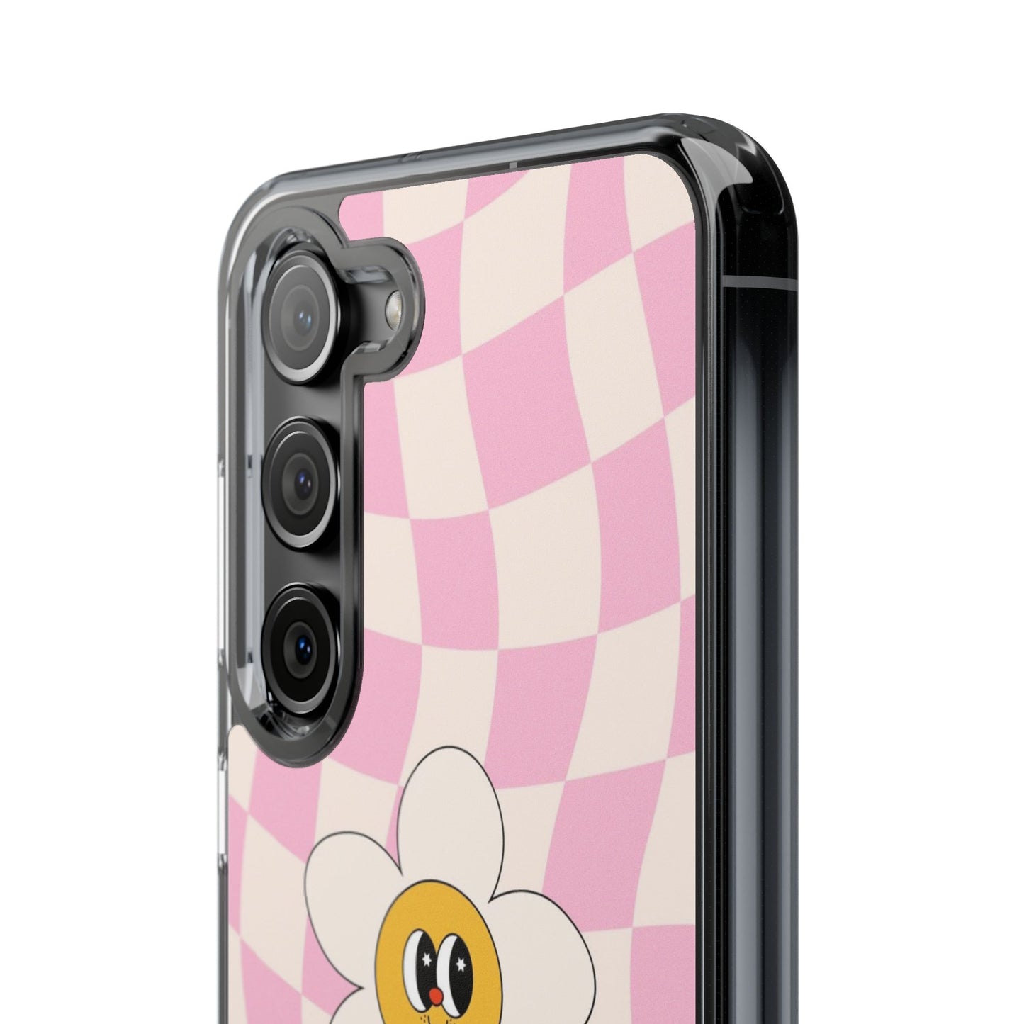Clear Impact-Resistant Phone Case — Pink Checkerboard Daisy Design