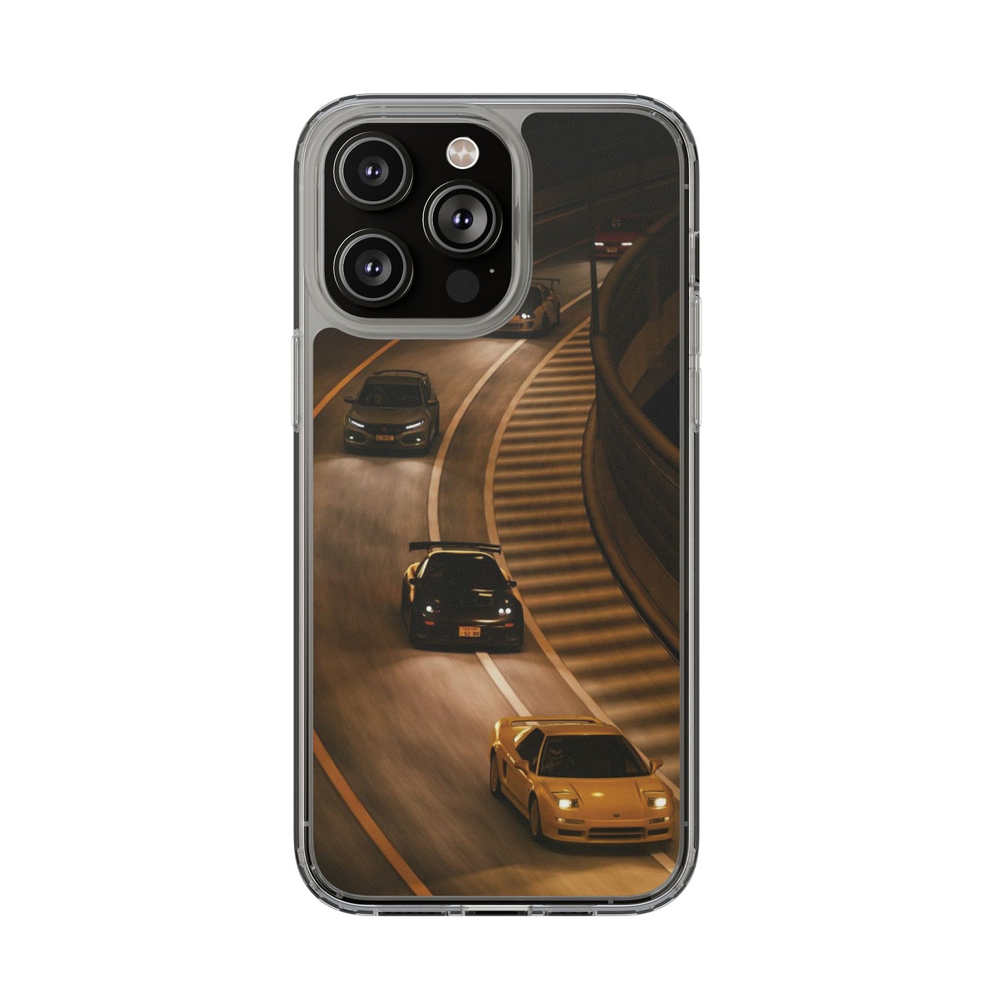 Racing Night Clear Phone Case – Sports Cars on Curved Highway