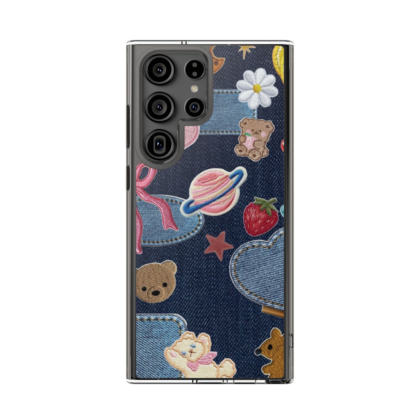 Clear Impact-Resistant Phone Case — Cute Denim Patch Collage (Teddy, Strawberry, Planet)