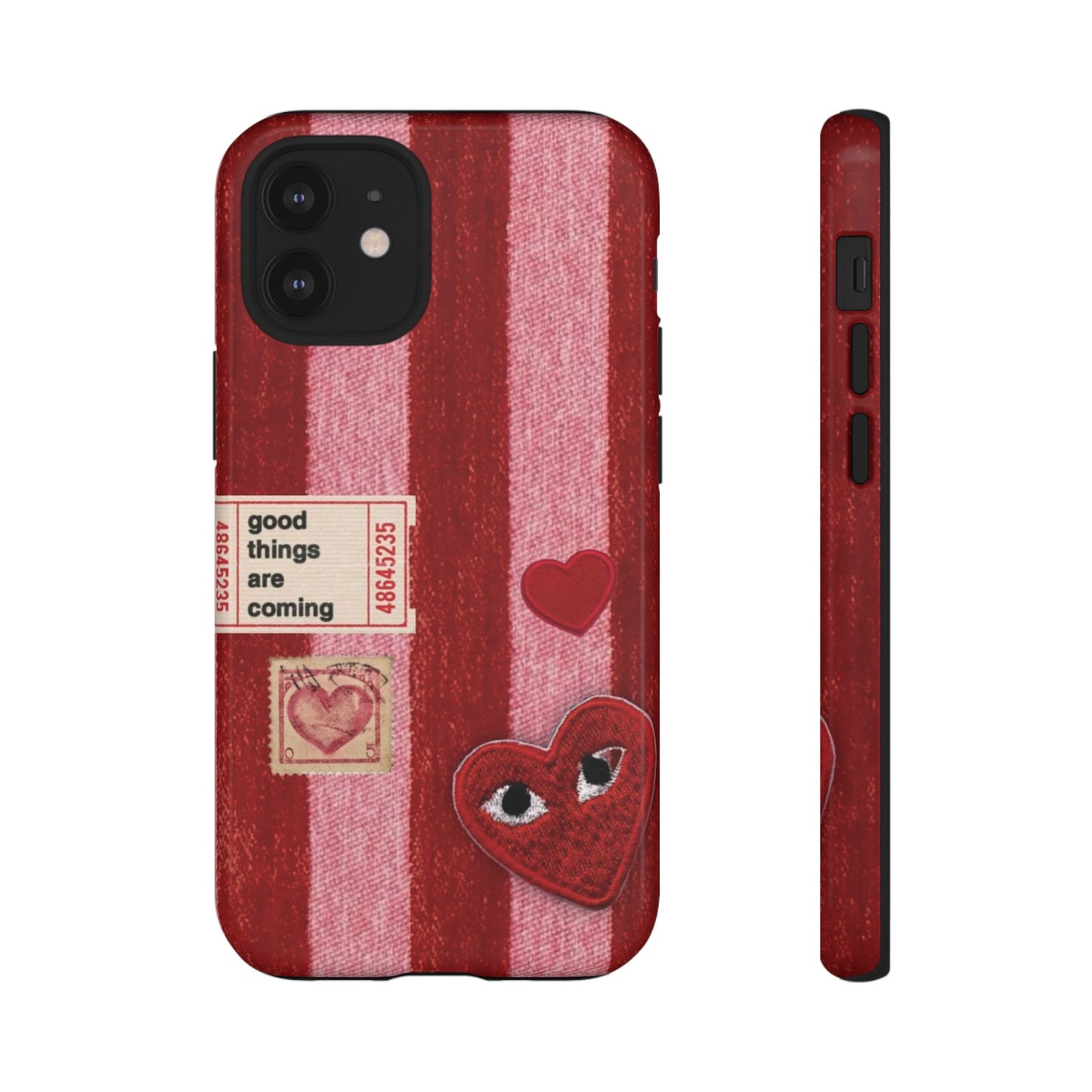 Phone Case — Red Striped Heart Design with “Good Things Are Coming”