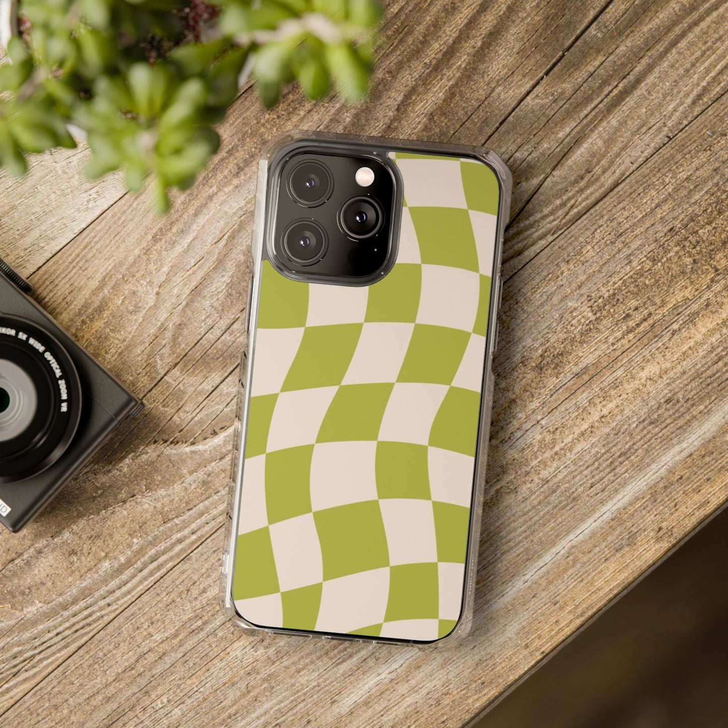 Clear Magnetic Phone Case — Olive Retro Check Pattern