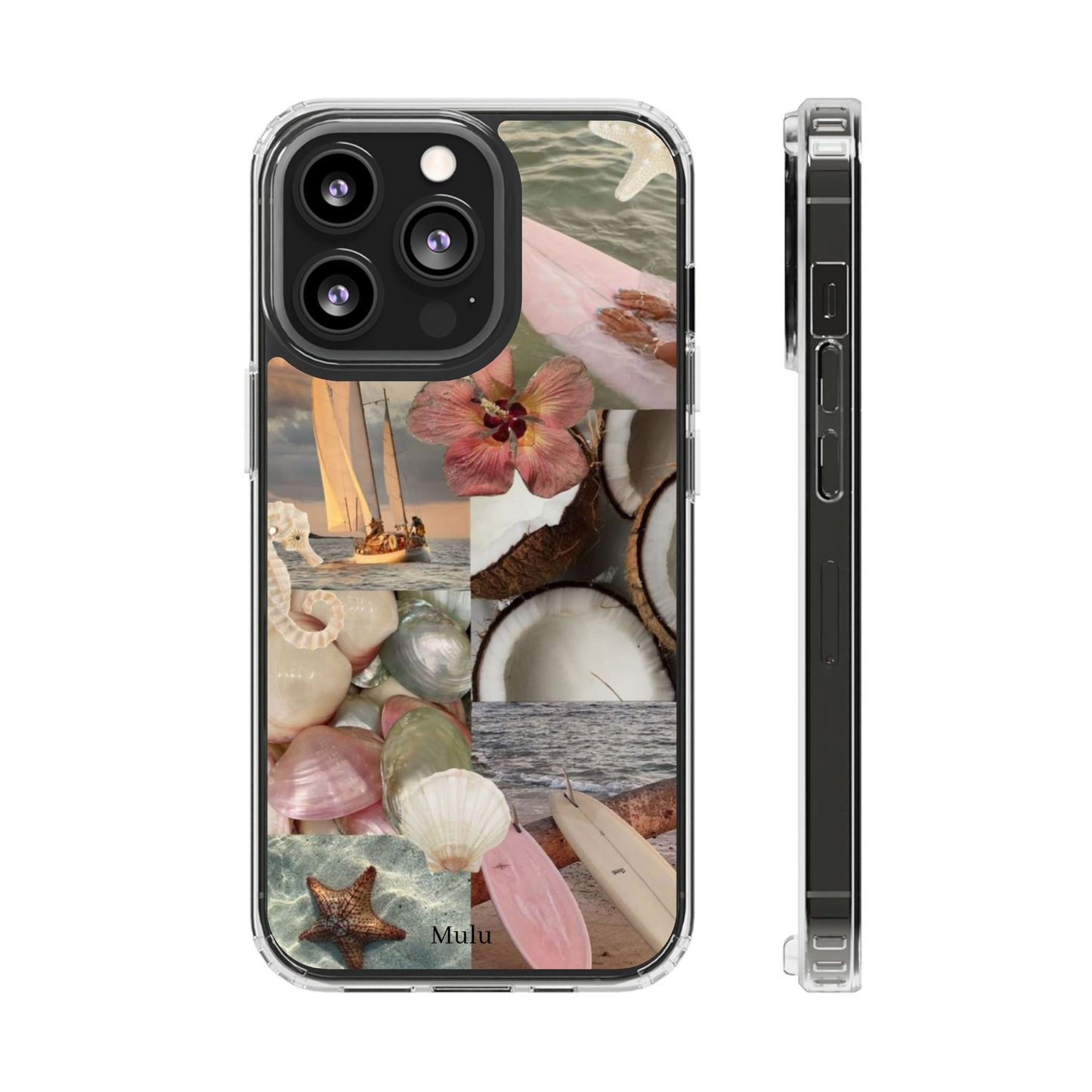 Clear Phone Case — Coastal Collage Shells & Surf Design