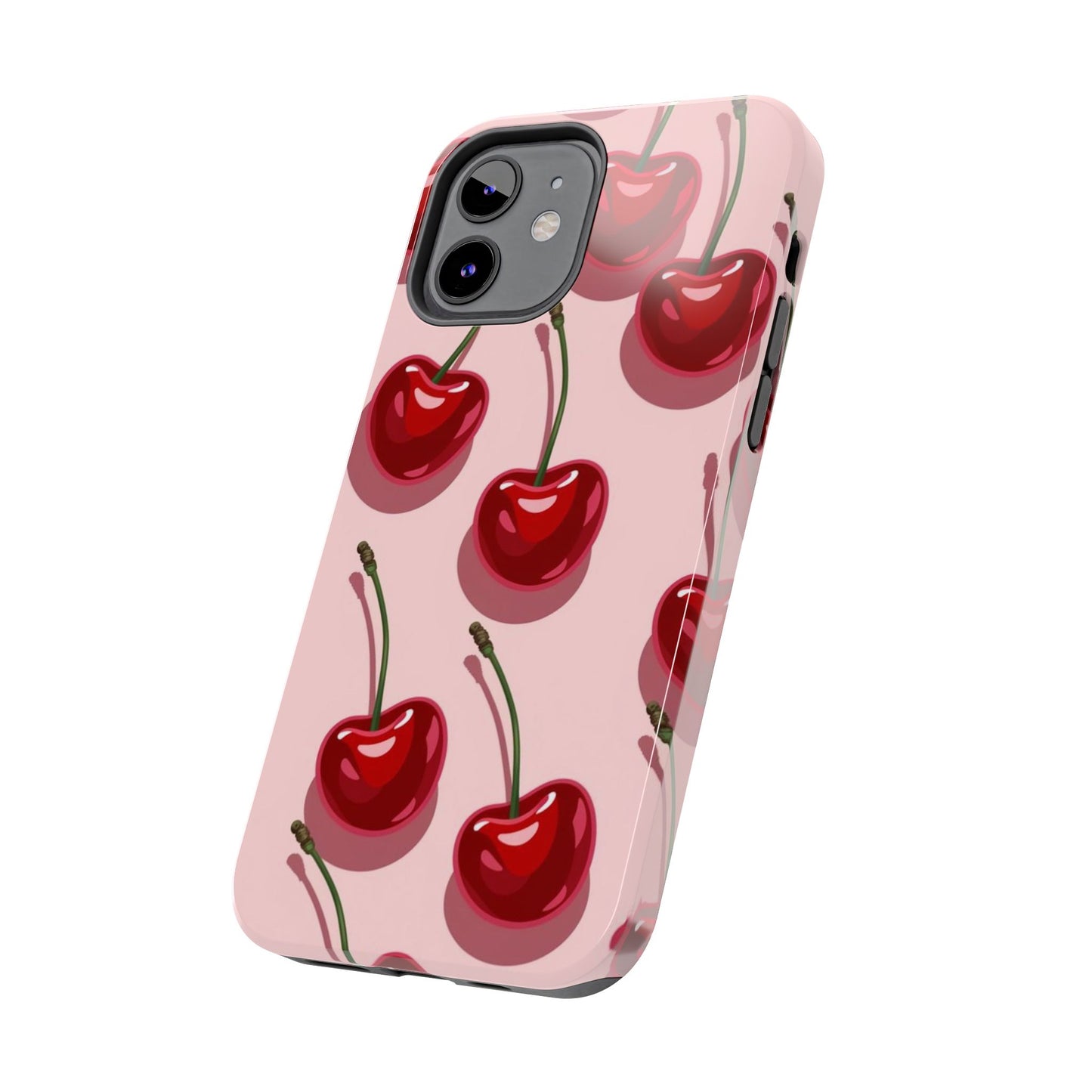 Cherry Pattern Tough Phone Case — Retro Pink Cherry Print Protective Phone Case