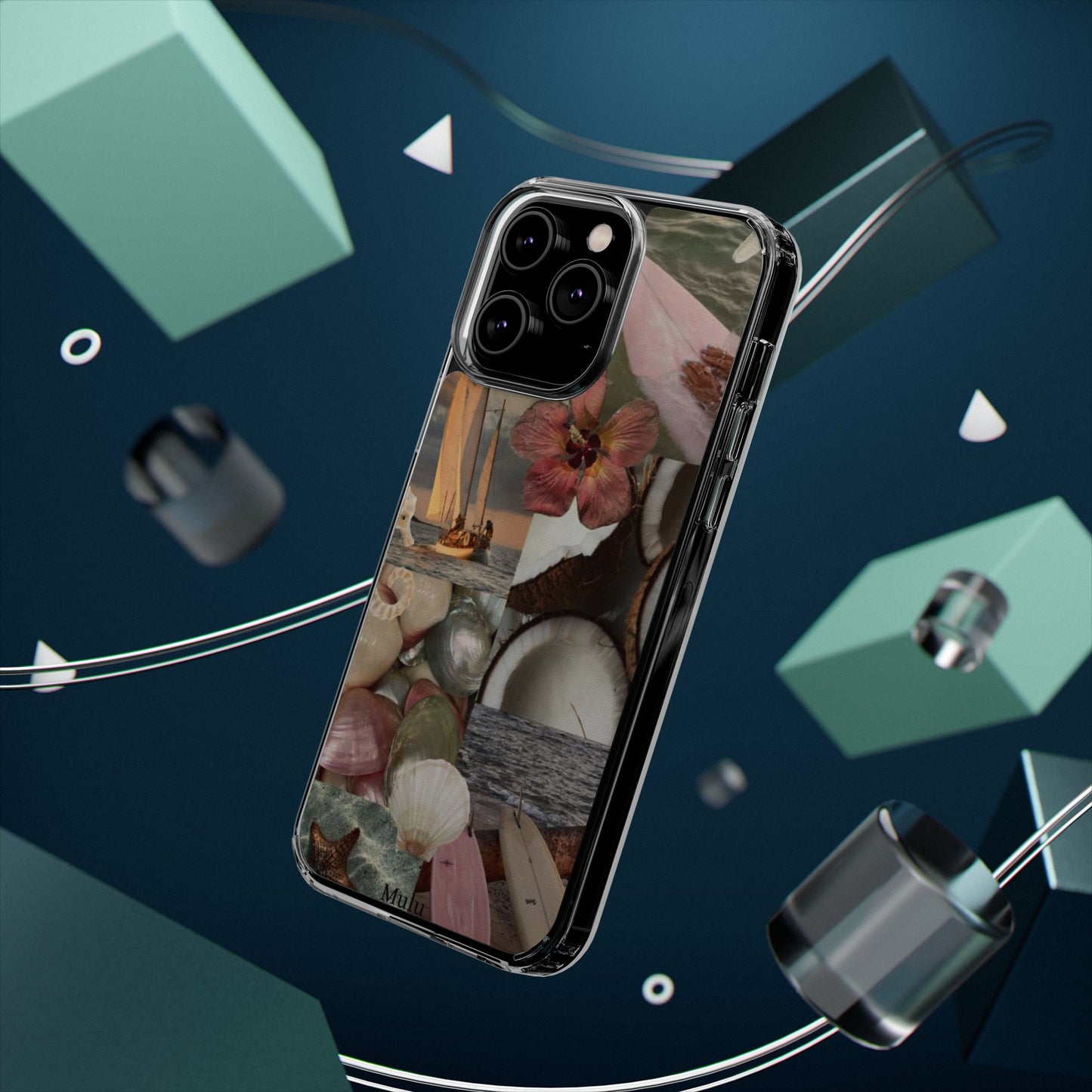 Clear Phone Case — Coastal Collage Shells & Surf Design
