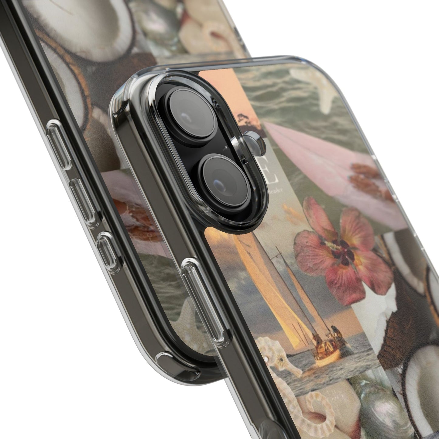 Clear Phone Case — Coastal Collage Shells & Surf Design