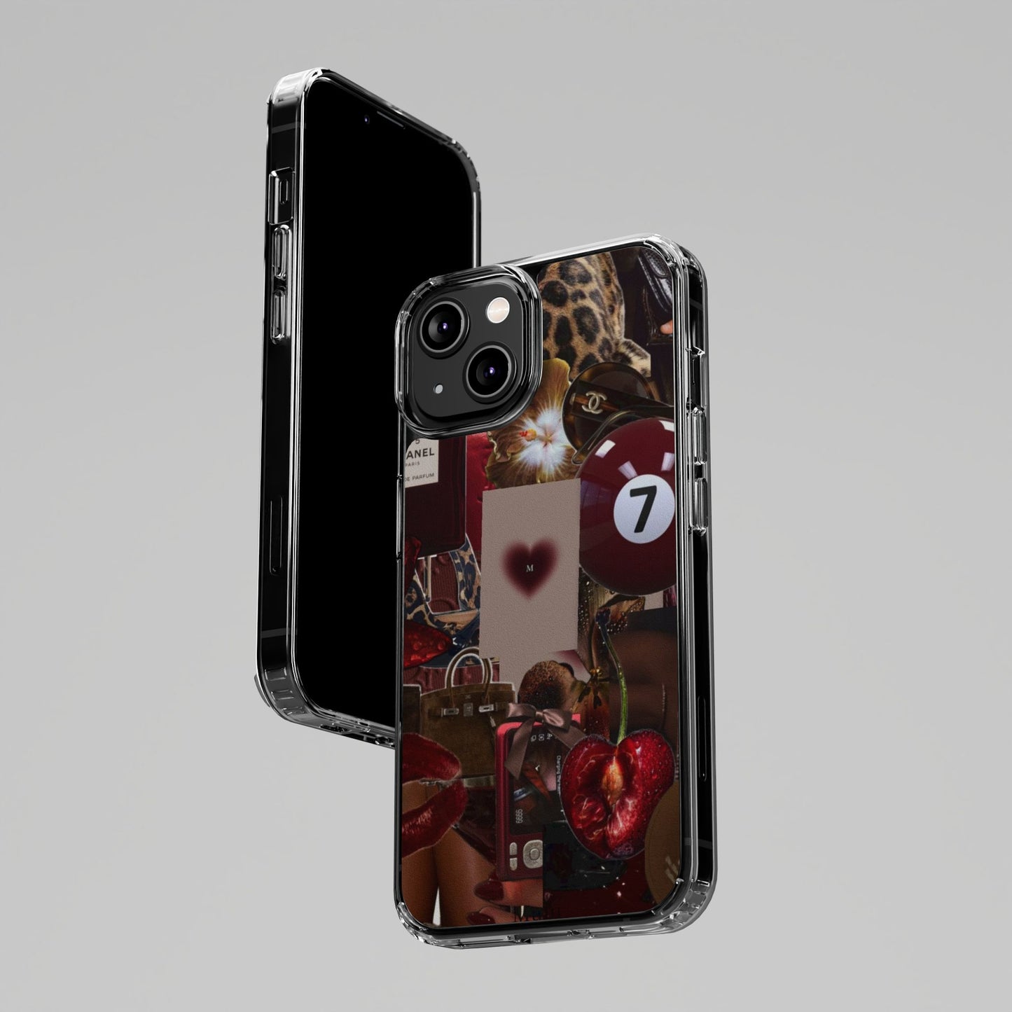 Clear Impact-Resistant Phone Case — Retro Cherry Collage Design