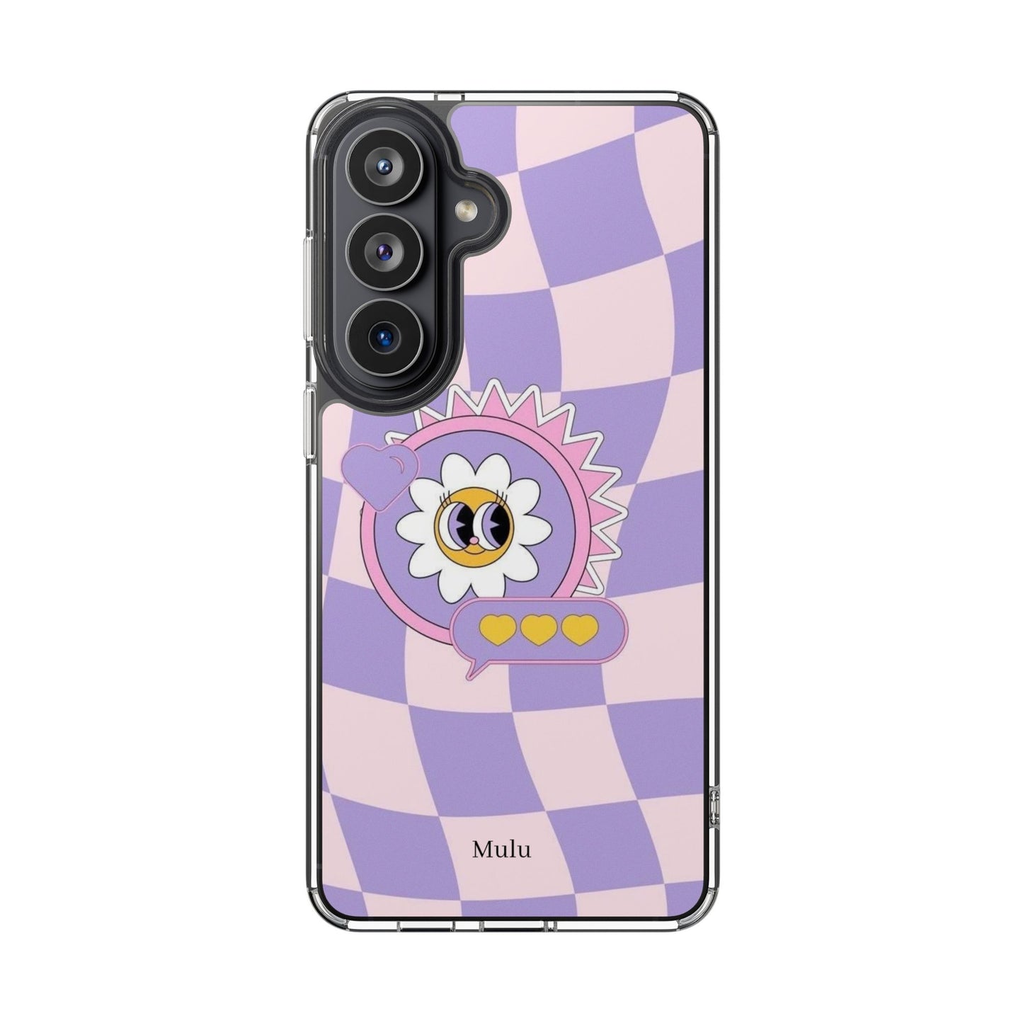 Clear Impact-Resistant Case — Cute Purple Checkerboard Dino with 'Mulu'