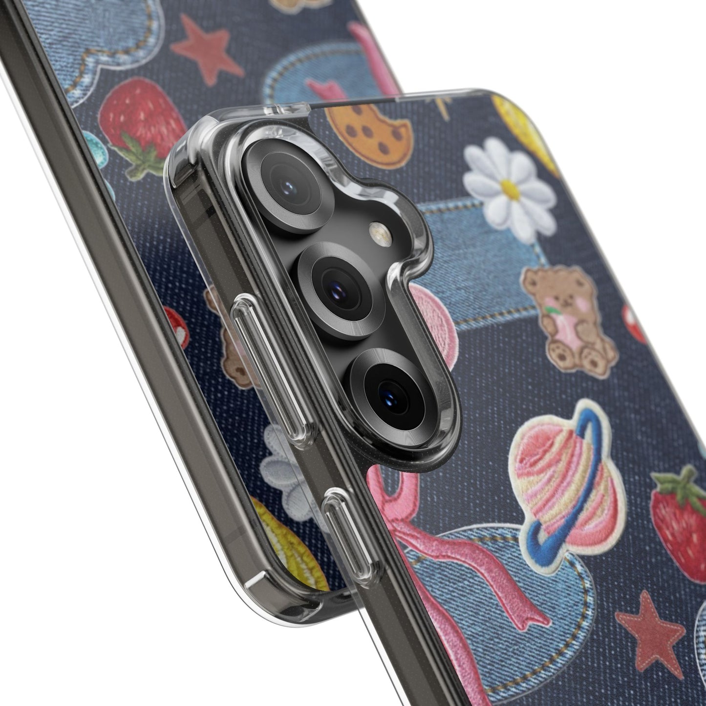 Clear Impact-Resistant Phone Case — Cute Denim Patch Collage (Teddy, Strawberry, Planet)