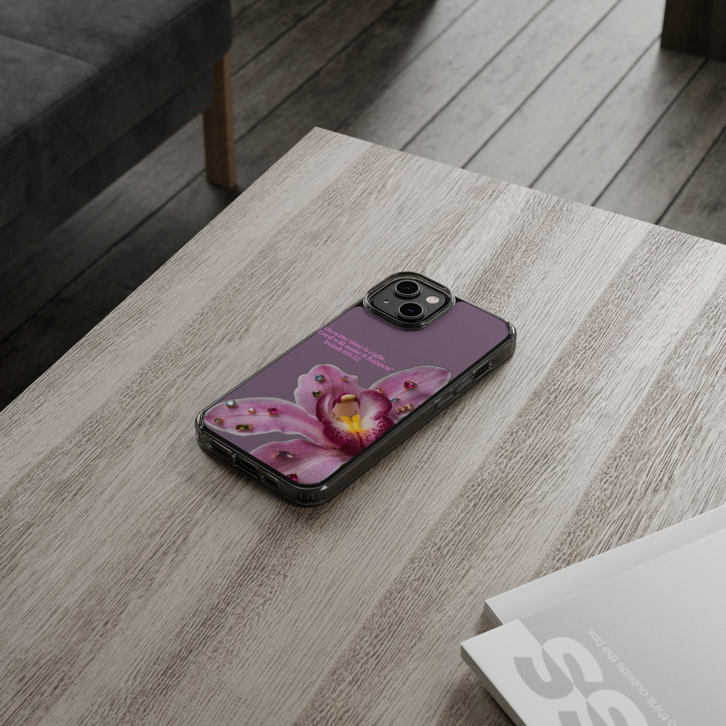 Clear Floral Impact-Resistant Phone Case — "When the time is right" Rose Orchid Design