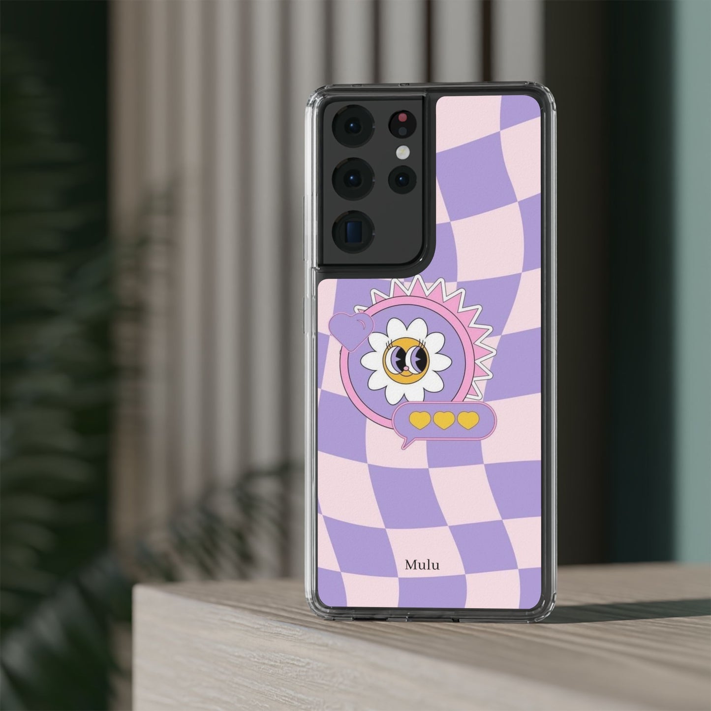 Clear Impact-Resistant Case — Cute Purple Checkerboard Dino with 'Mulu'