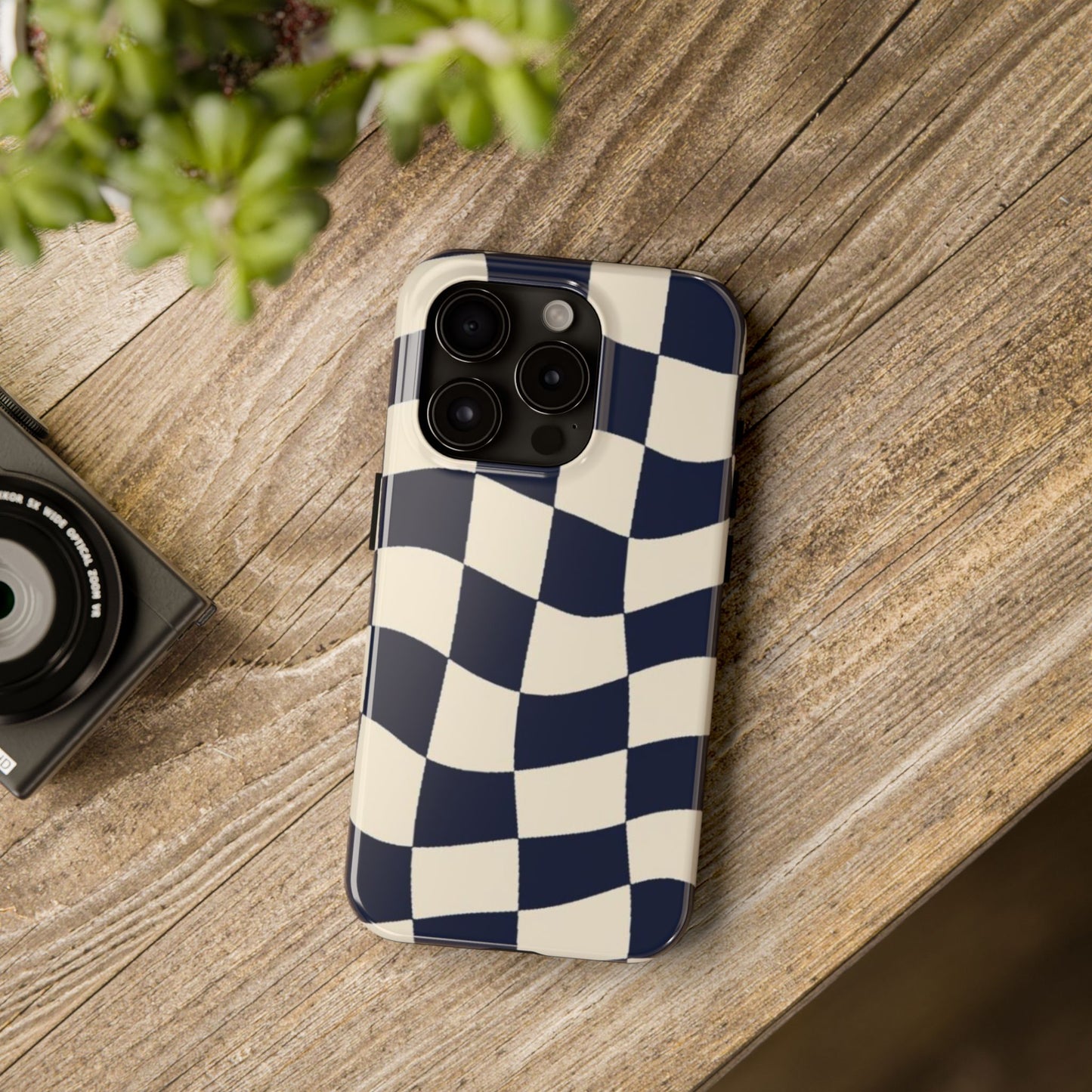 Wavy Checkerboard Tough Phone Case — Navy & Cream Protective Cover