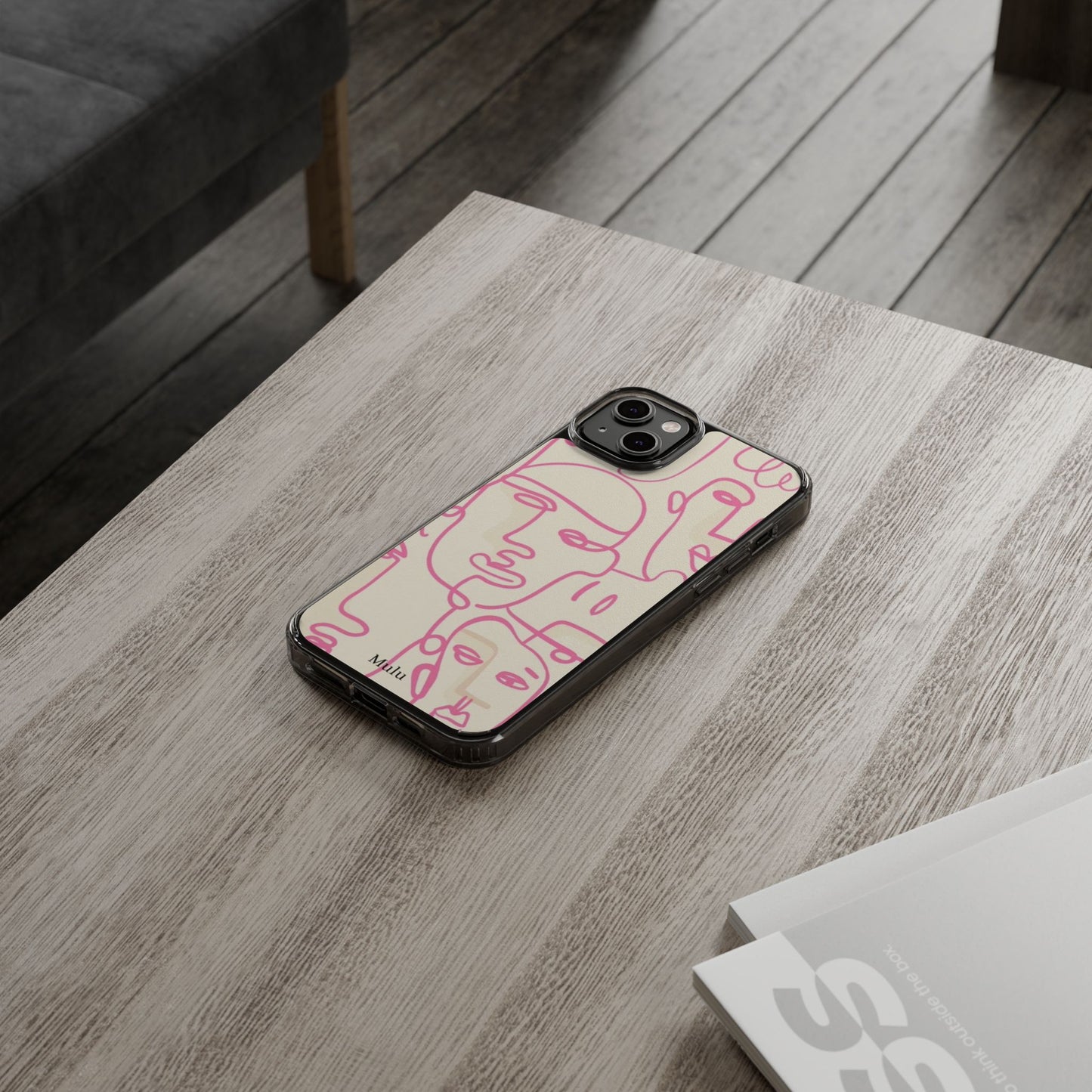 Clear Impact-Resistant Phone Case — Pink Minimalist Line Faces Design