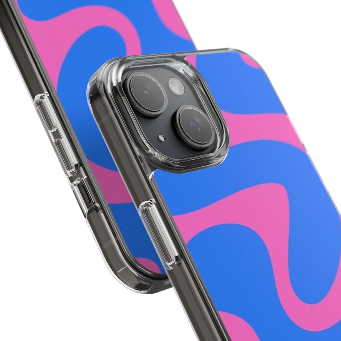 Clear Impact-Resistant Phone Case — Retro Blue & Pink Abstract Swirl