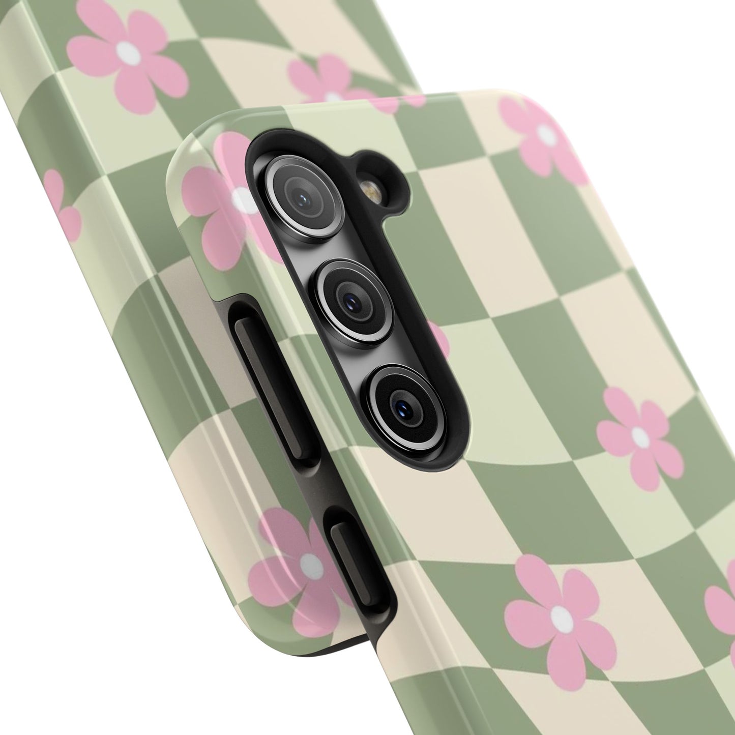 Tough Phone Case — Retro Green Checkerboard with Pink Flowers