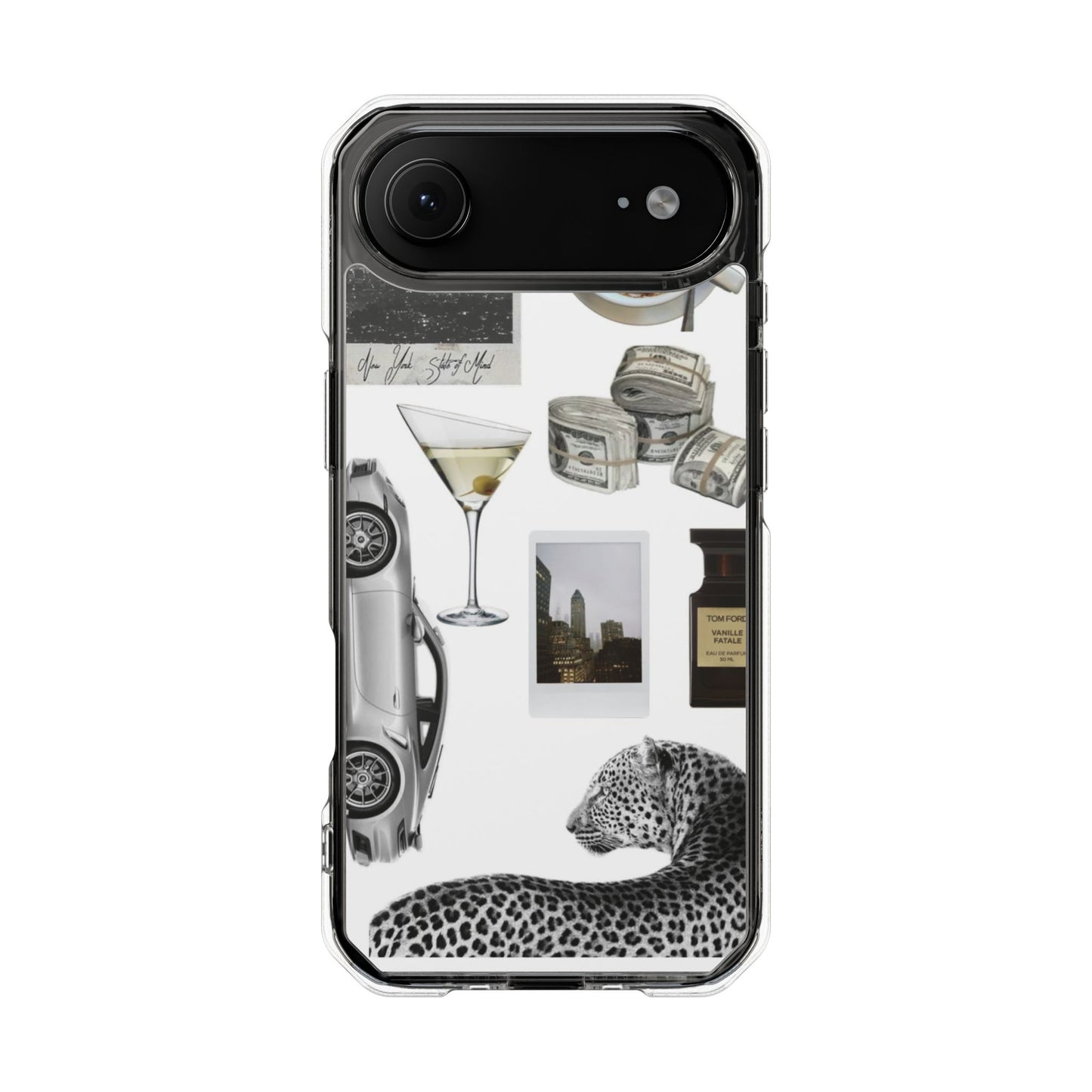 Clear Impact Phone Case — Luxe Collage (Leopard, Martini, Coffee & Vintage Car)
