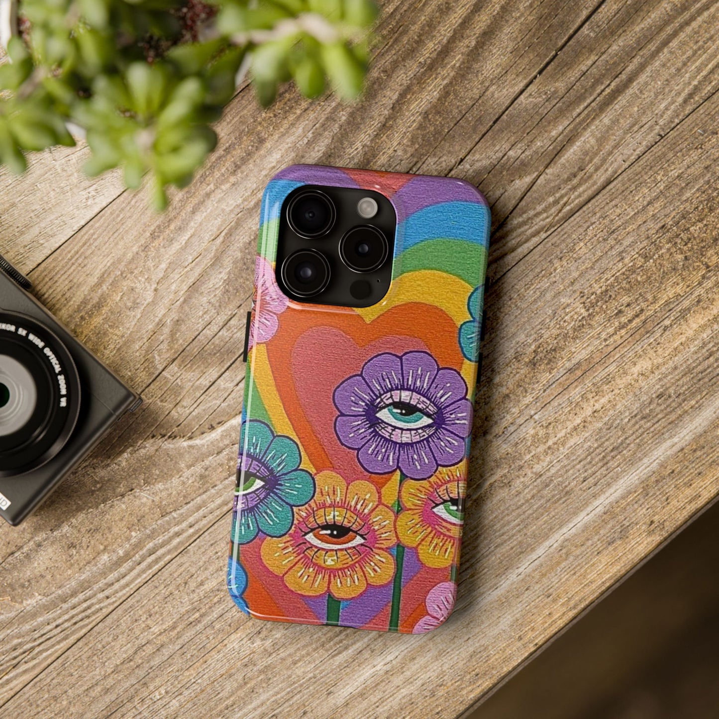 Psychedelic Eye Flower Tough Phone Case — Retro Rainbow Protective iPhone Cover