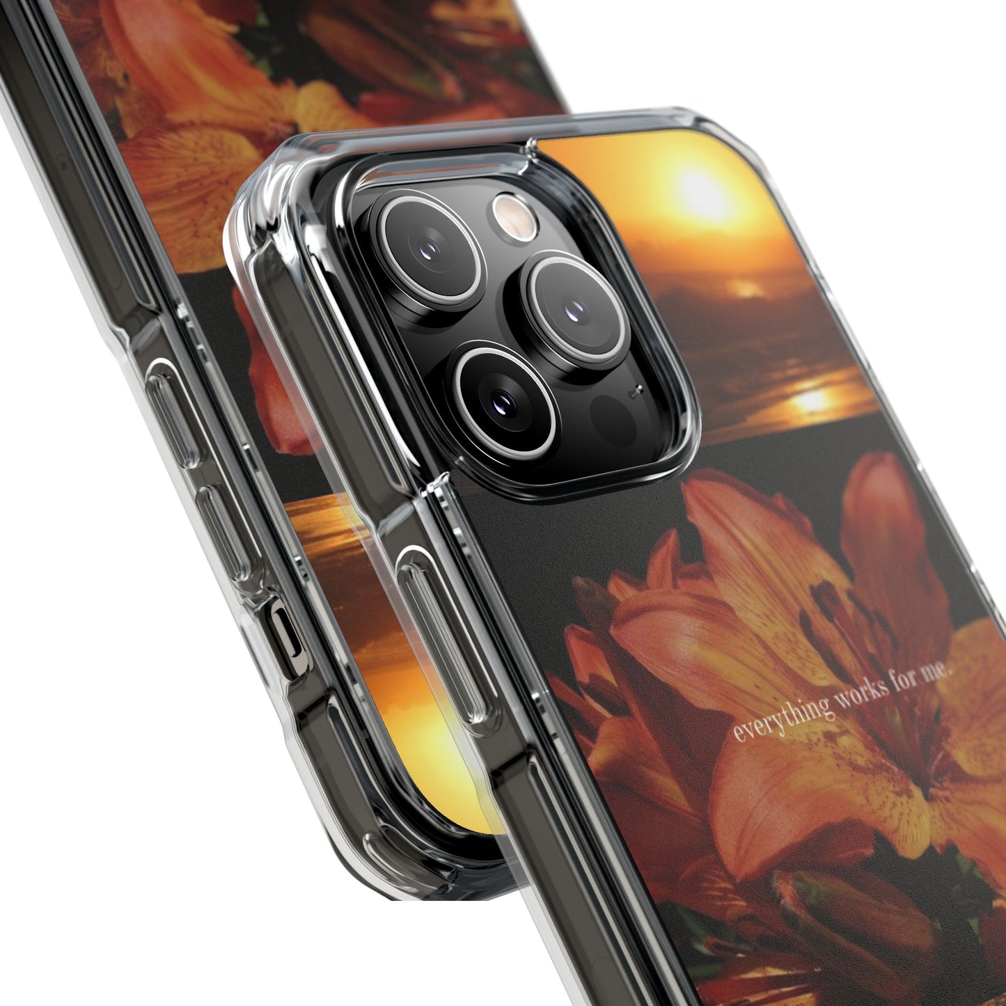 Clear Magnetic Phone Case — Sunset Lily Design ("anything waits for you")