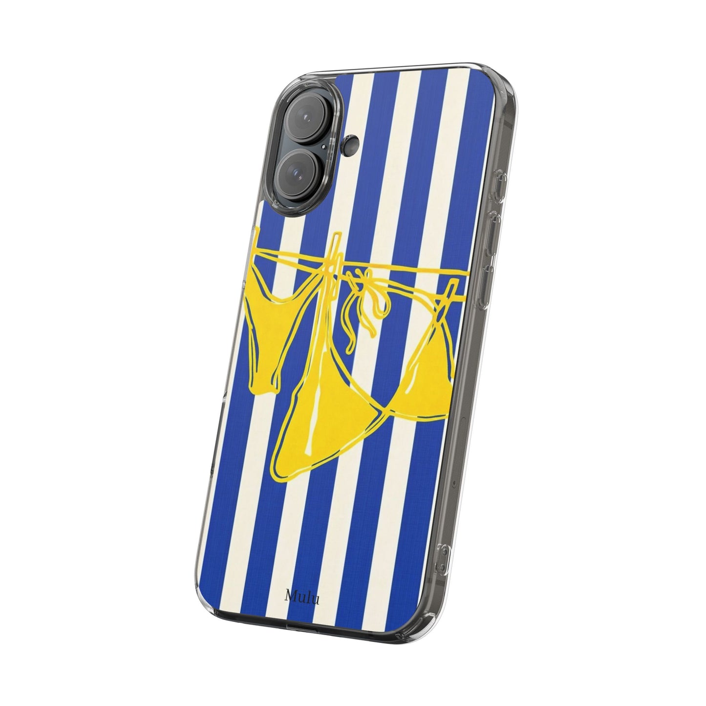 Striped Beach Bikini Phone Case — Yellow Swimwear on Blue & White Stripes, Clear Impact-Resistant