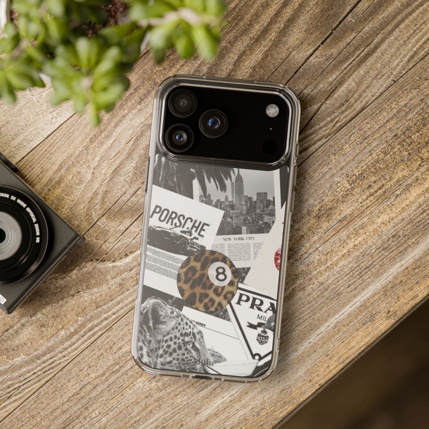 Clear Impact-Resistant Phone Case — Collage Luxury Leopard & Vintage Car Design
