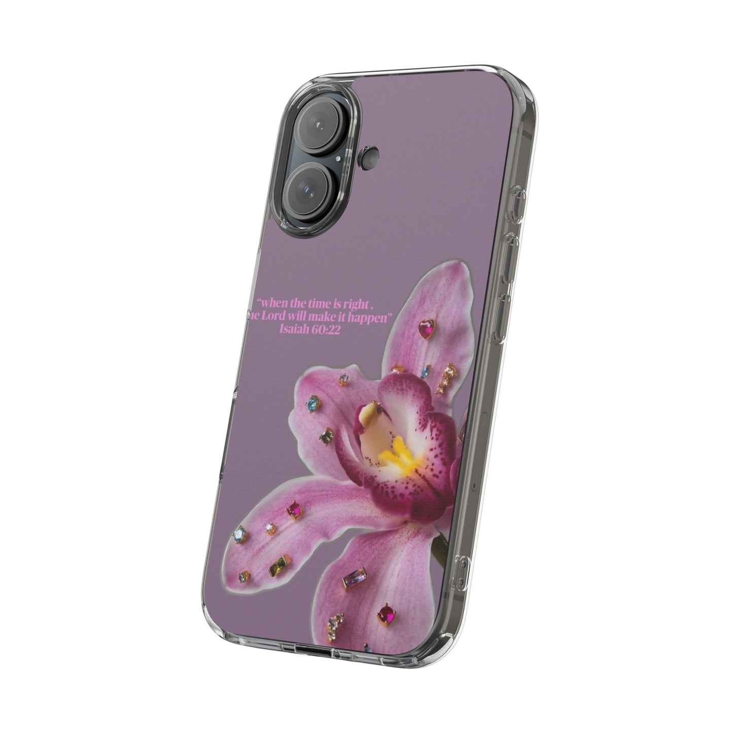 Clear Floral Impact-Resistant Phone Case — "When the time is right" Rose Orchid Design