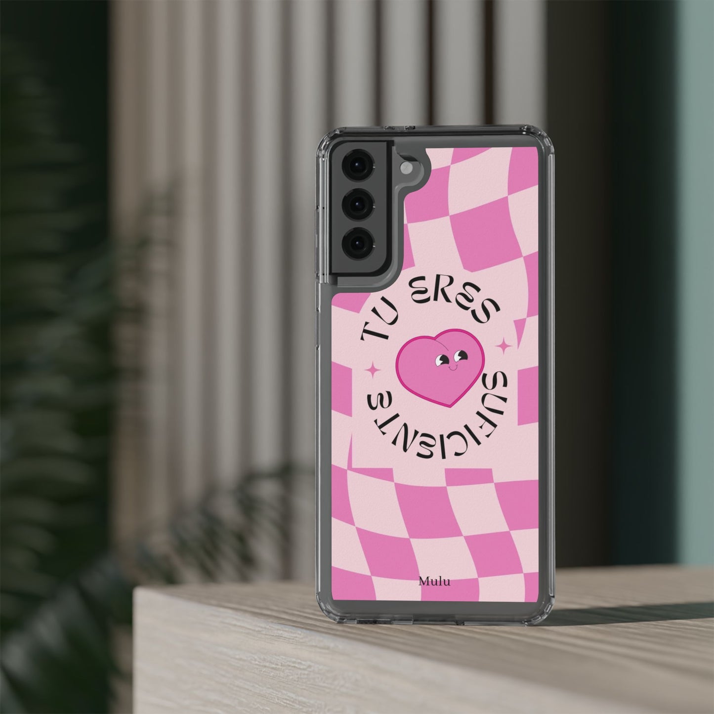 Clear Impact-Resistant Phone Case — Pink Checkerheart “Tu Eres Suficiente” Design