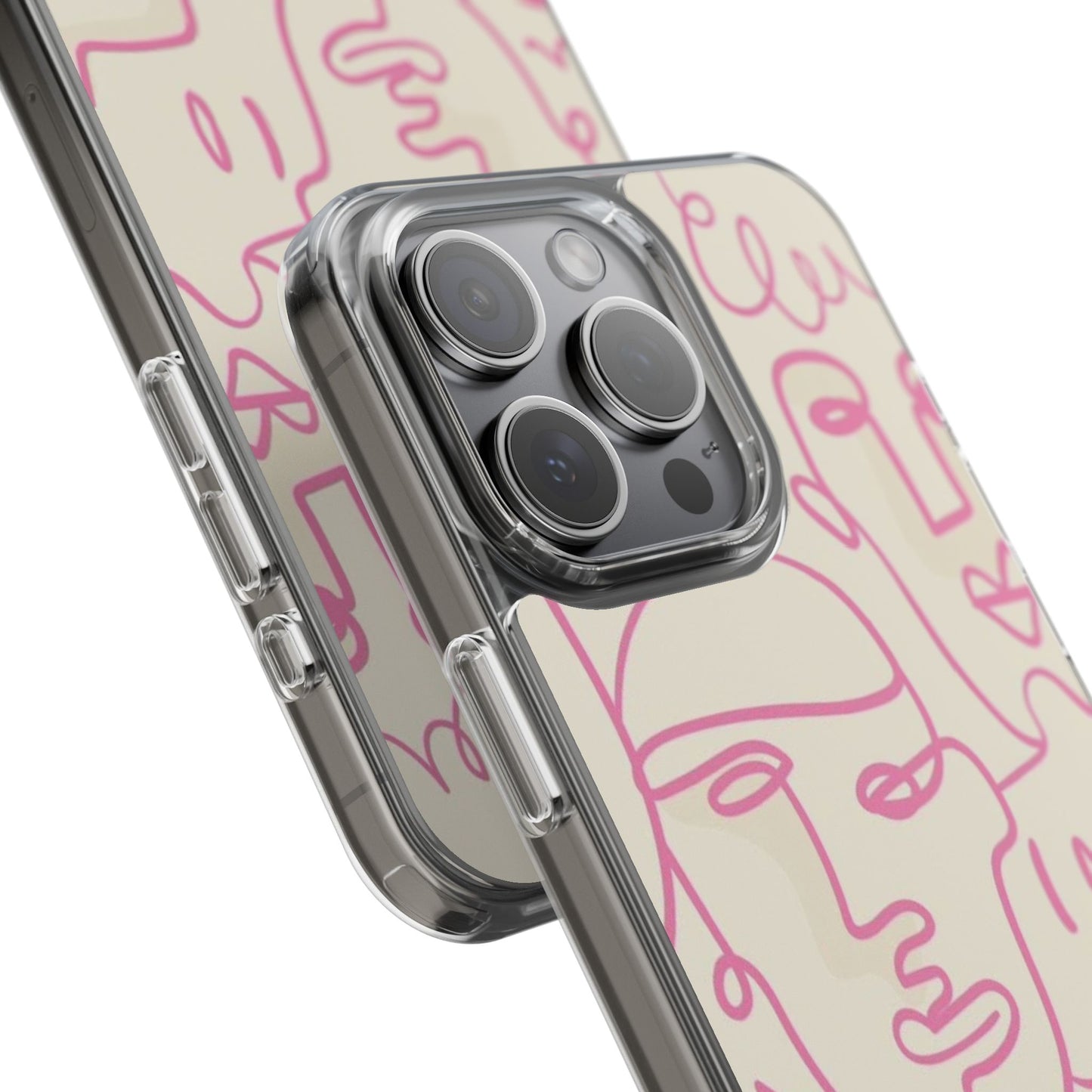 Clear Impact-Resistant Phone Case — Pink Minimalist Line Faces Design