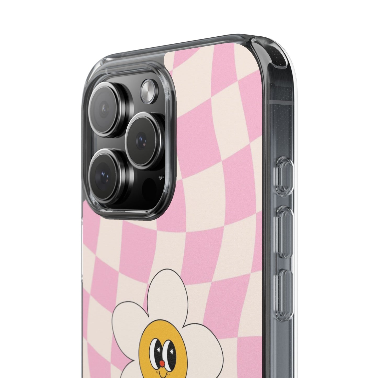 Clear Impact-Resistant Phone Case — Pink Checkerboard Daisy Design