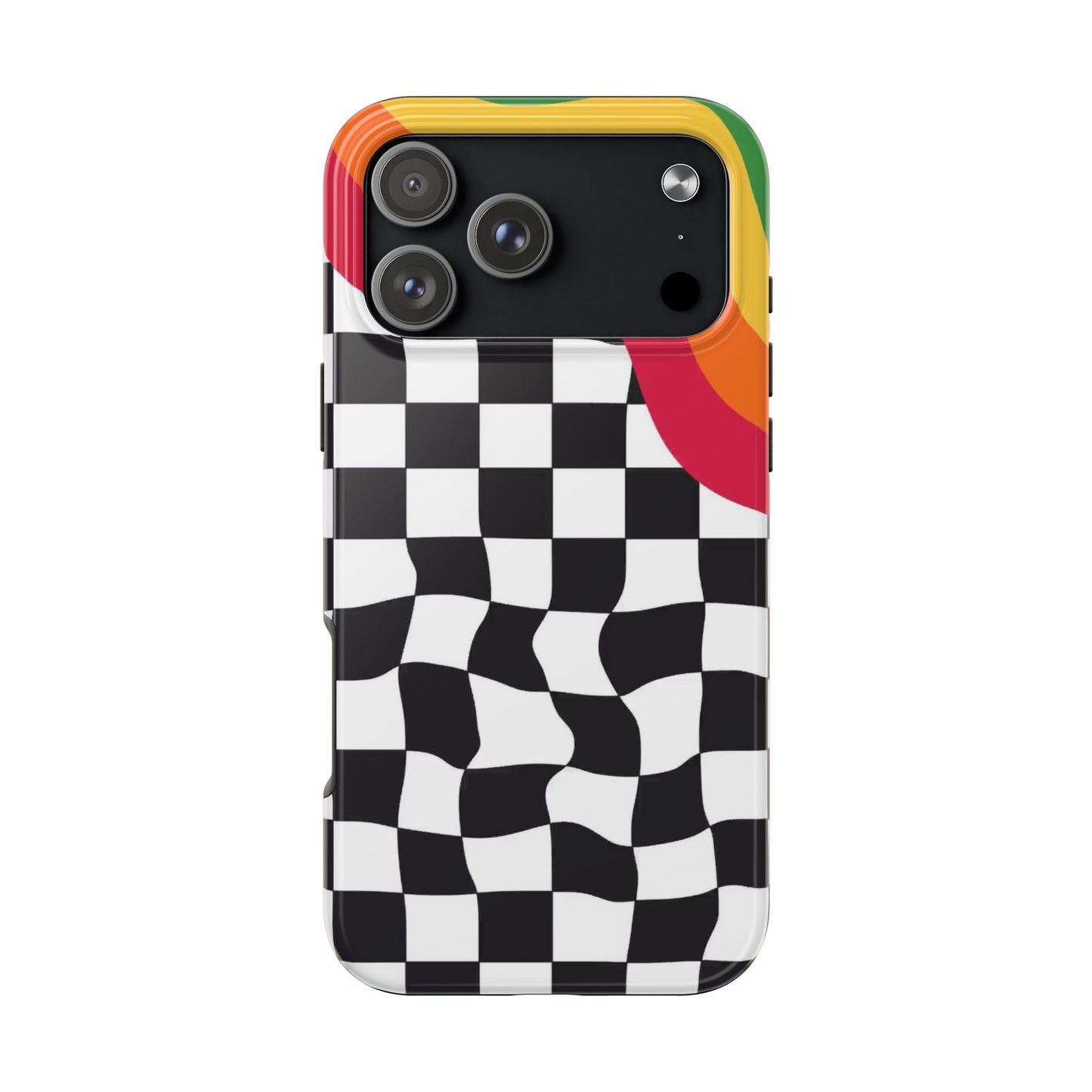 Retro Wavy Checkerboard Tough Phone Case — Rainbow Surf Skate Design
