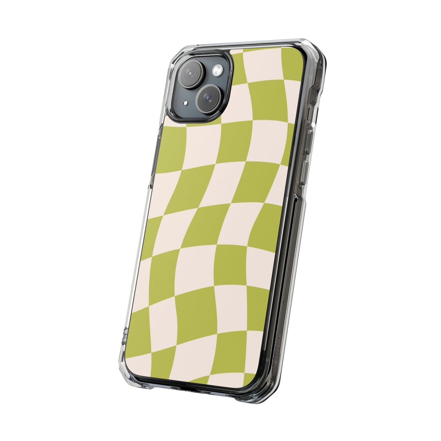 Clear Magnetic Phone Case — Olive Retro Check Pattern