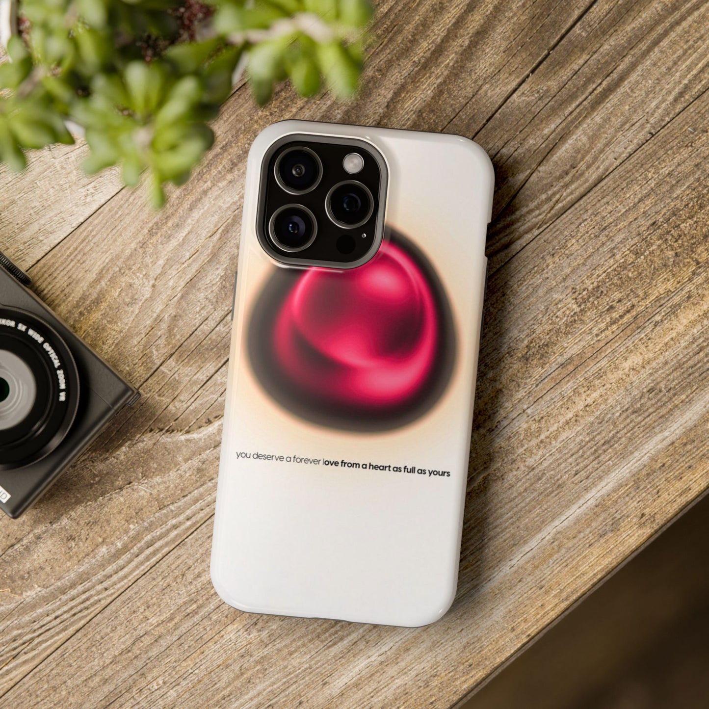 Protective Phone Case — Red Pearl Heart Design with 'You deserve a forever love' Text
