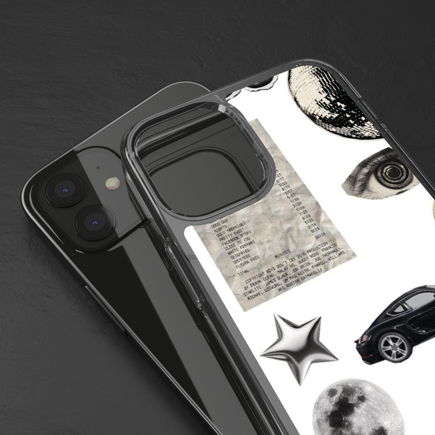 Clear Phone Case — Vintage Collage Stickers (Moon, Eye, Car, Cherries)