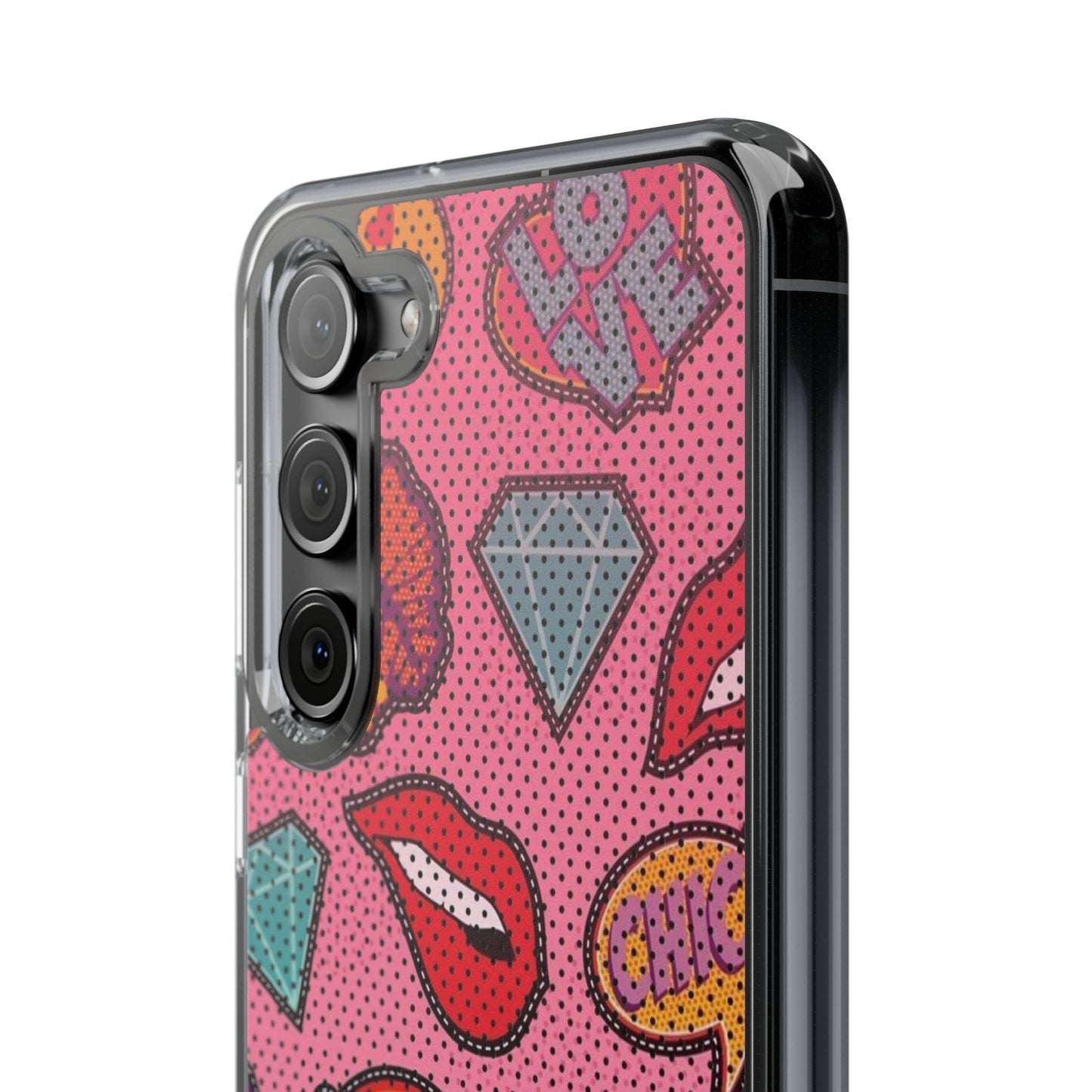 Clear Impact-Resistant Phone Case — Pink Pop Sticker Pattern (Hearts, Rainbows, Smileys)
