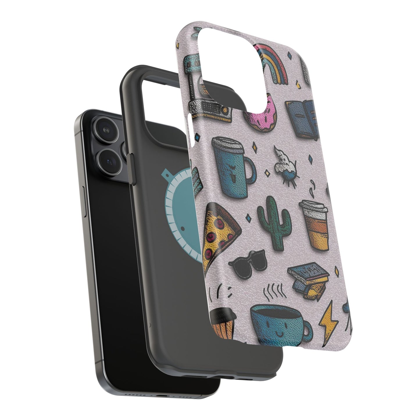 Cute Doodle Phone Case — Magnetic Impact-Resistant Design (coffee, rainbow, cactus)