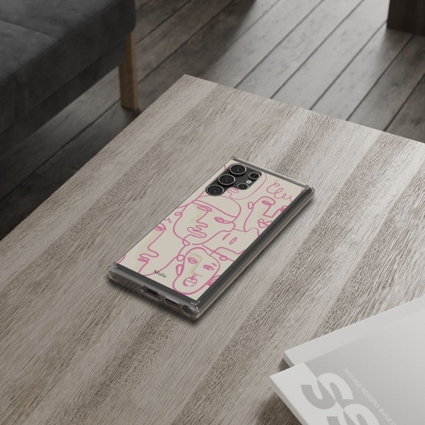 Clear Impact-Resistant Phone Case — Pink Minimalist Line Faces Design