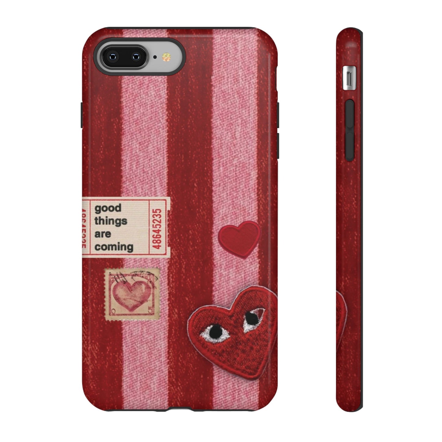 Phone Case — Red Striped Heart Design with “Good Things Are Coming”
