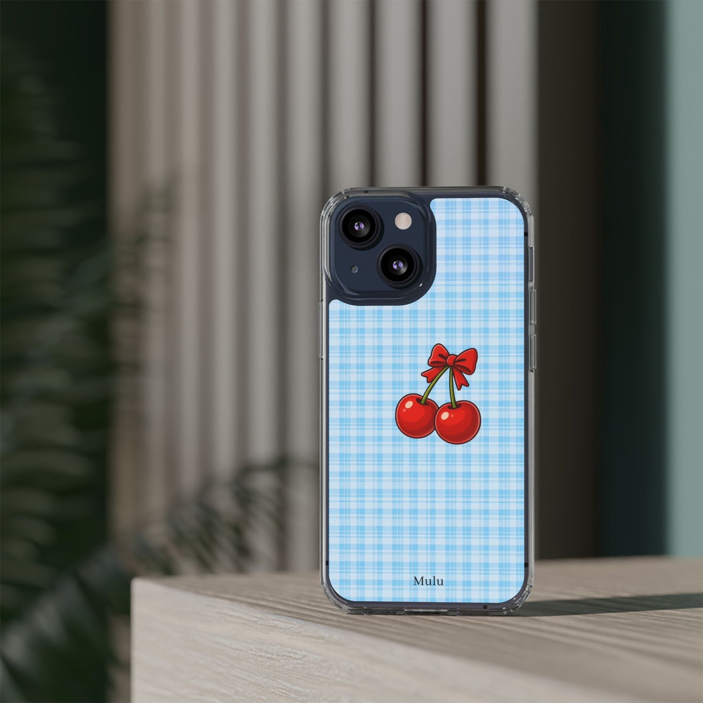 Clear Cherry Gingham Phone Case — Impact-Resistant Clear Case with Red Cherry Design
